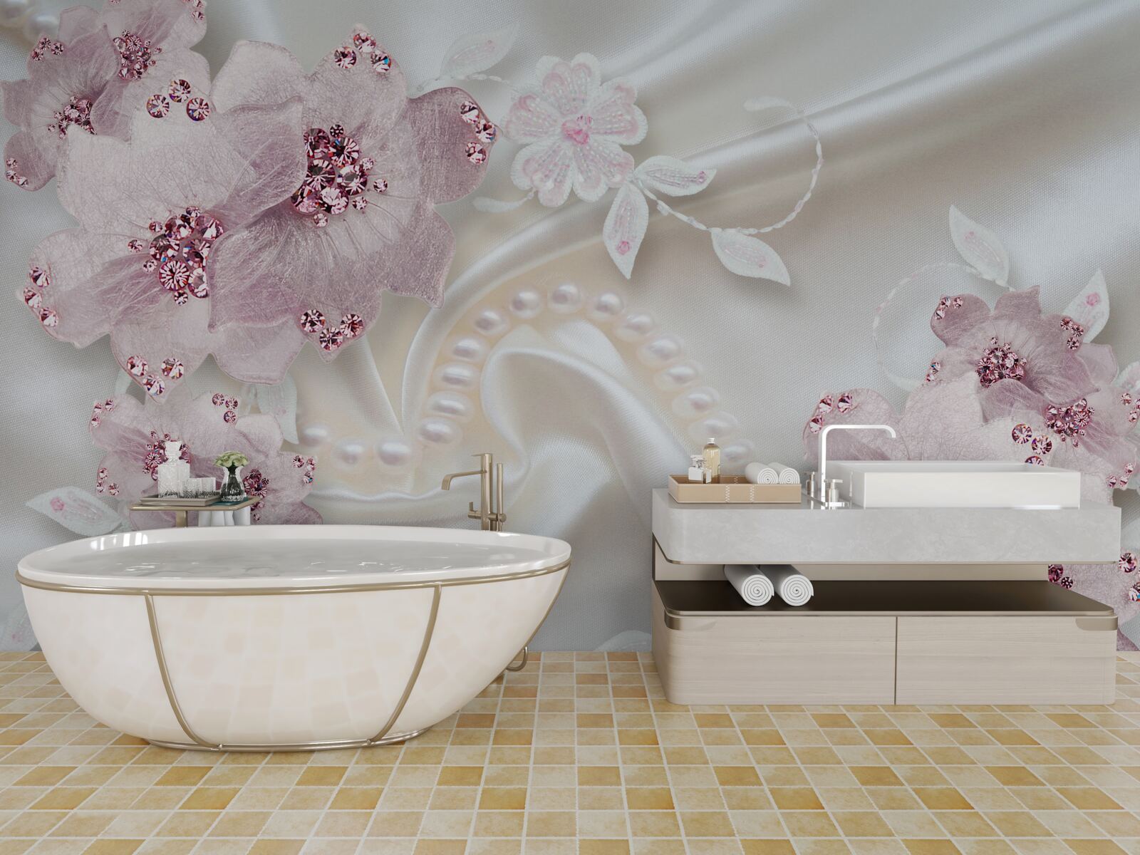 Papier peint le tissu de soie est décoré de bourgeons roses