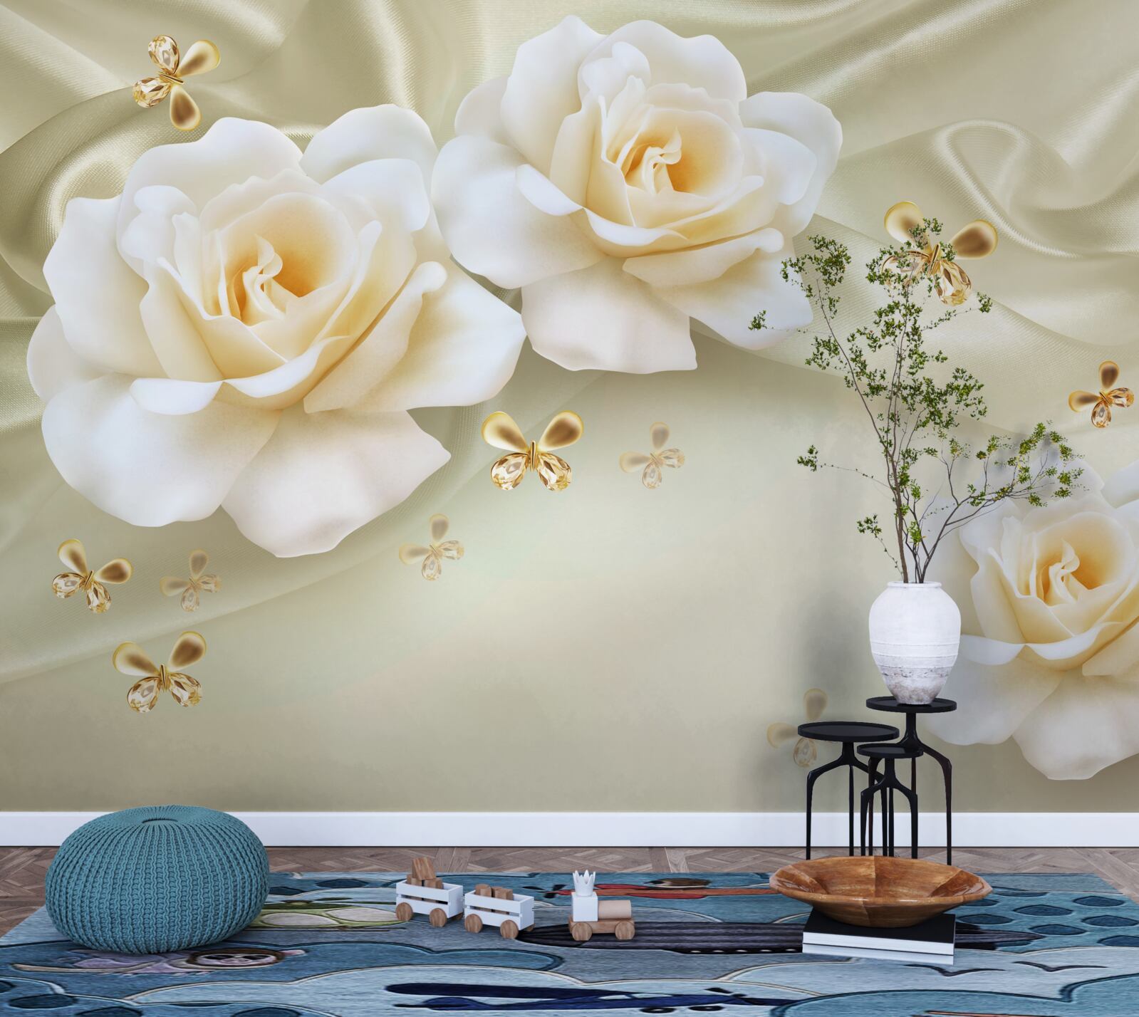Papier peint roses de couleur crème sur fond clair