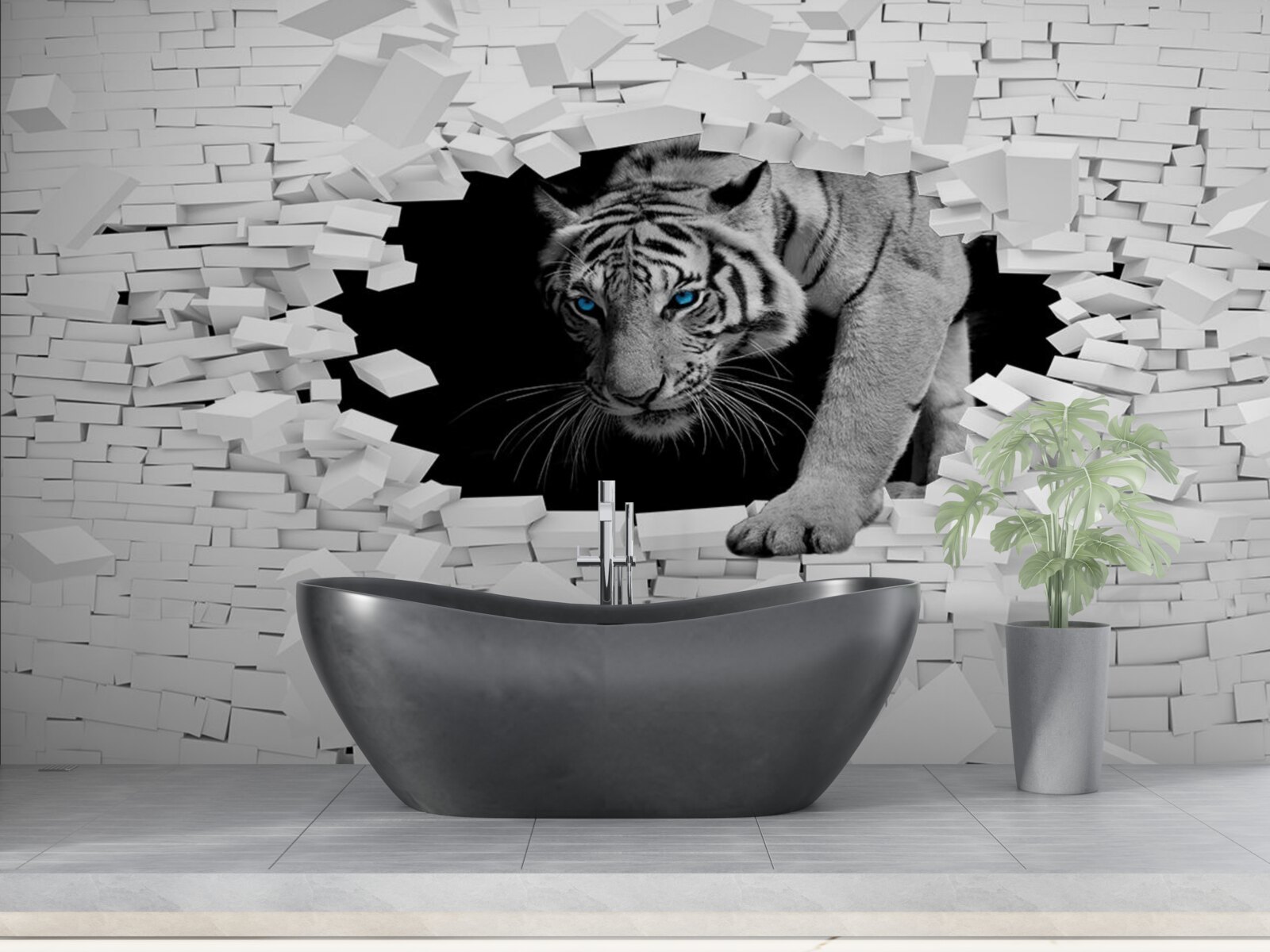 Papier peint un tigre détruit un mur de briques