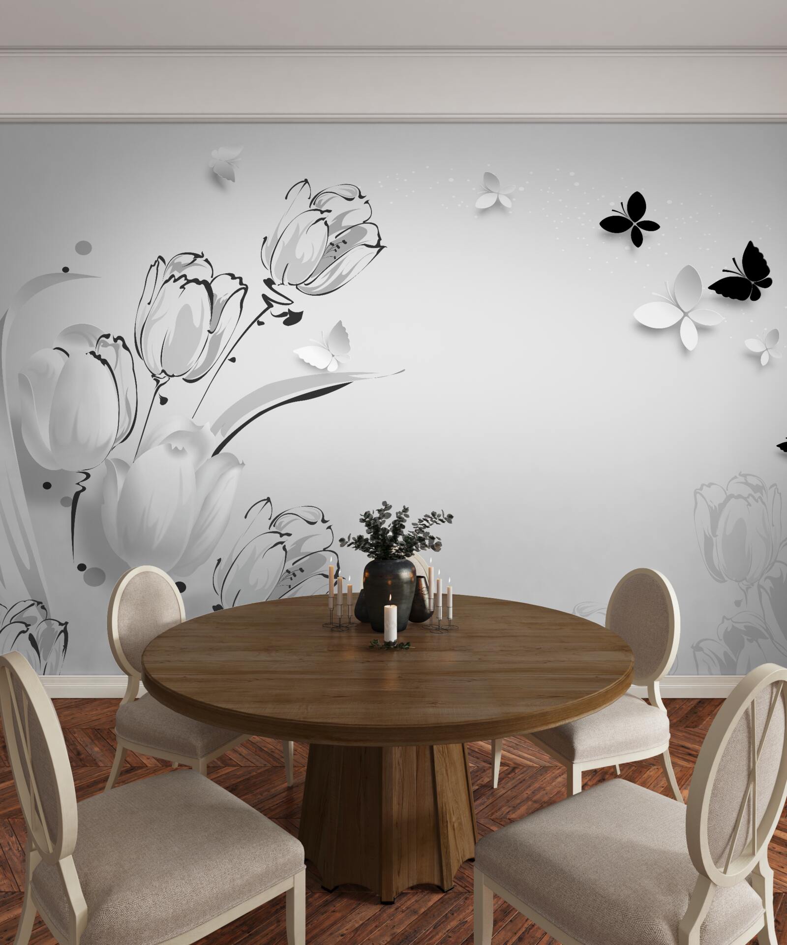 Papier peint Tulipes et papillons blancs comme neige