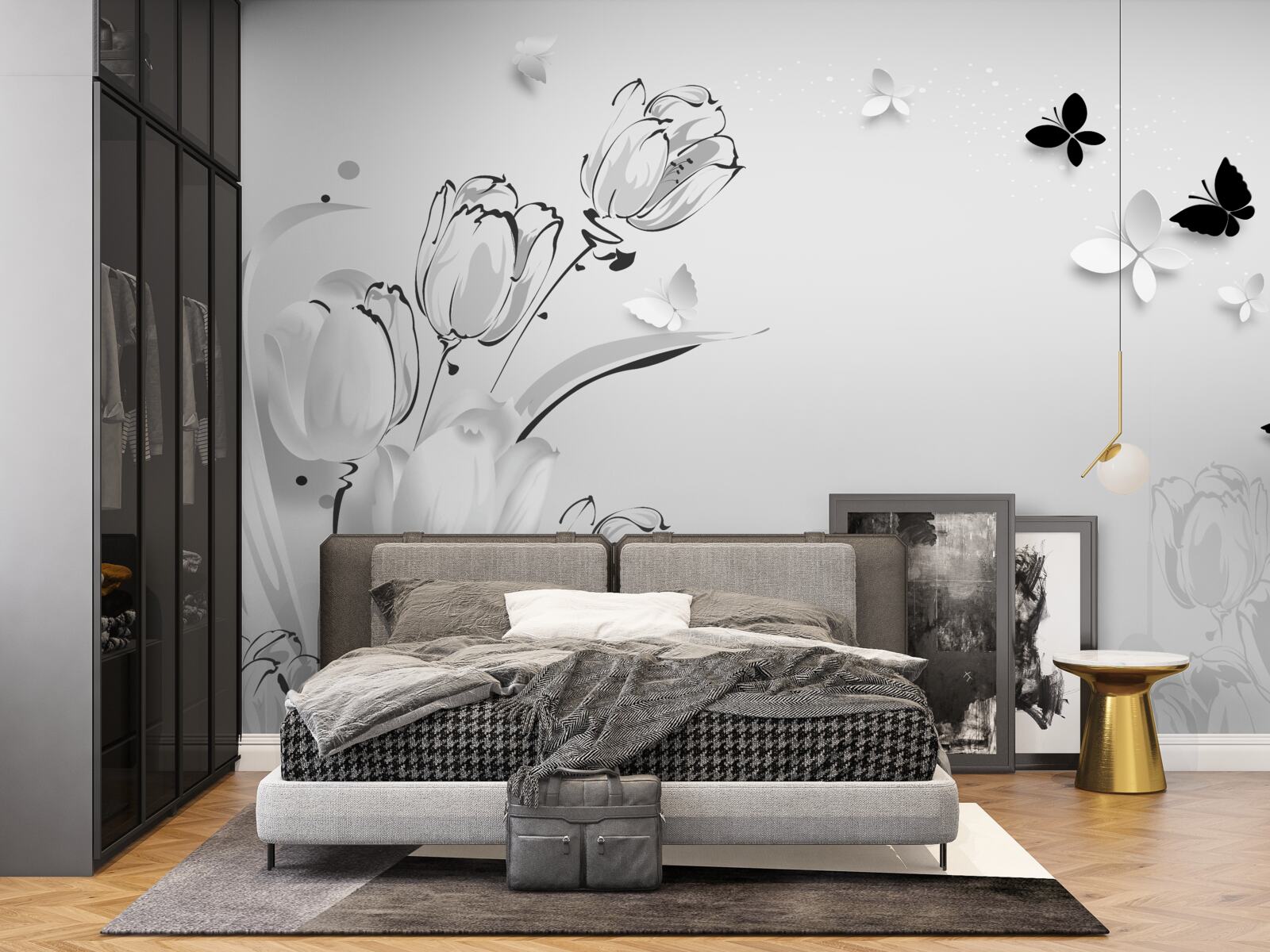 Papier peint Tulipes et papillons blancs comme neige