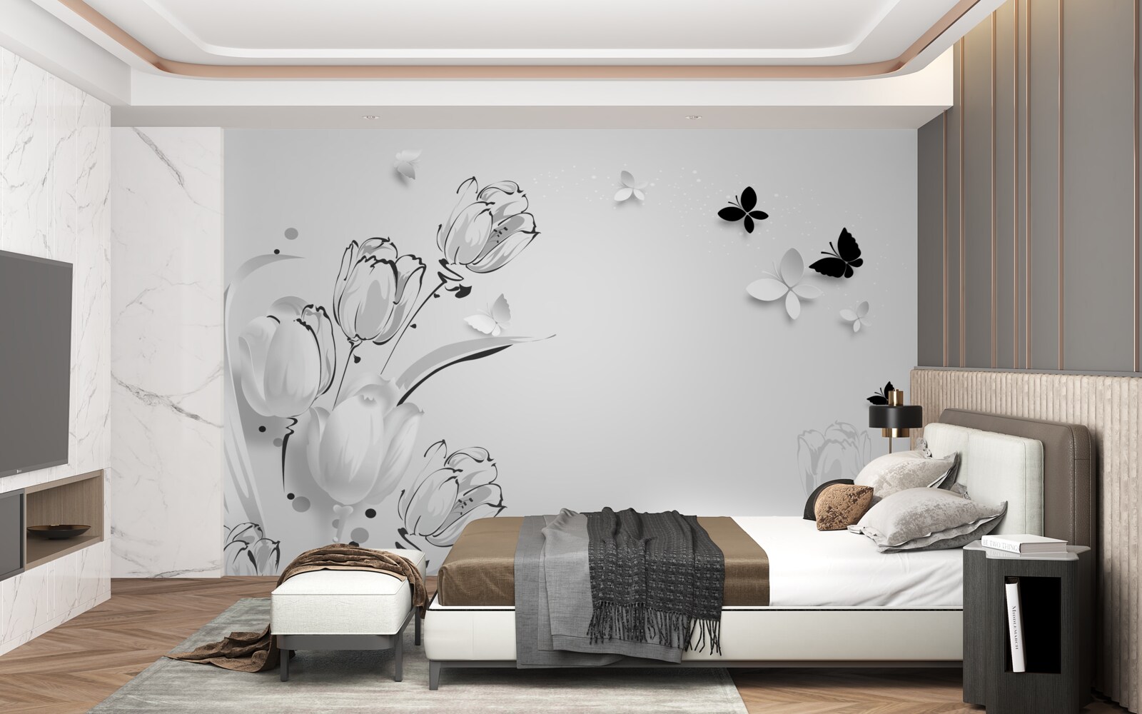 Papier peint Tulipes et papillons blancs comme neige