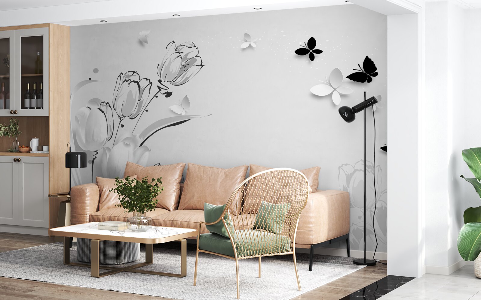 Papier peint Tulipes et papillons blancs comme neige