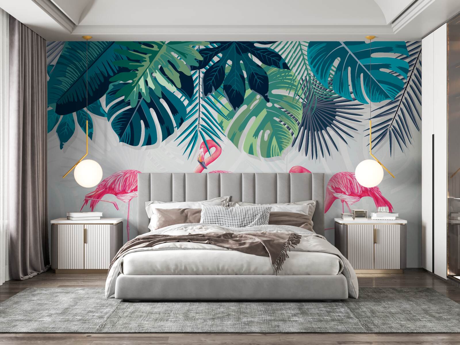 Papier peint végétation tropicale et oiseaux flamants roses