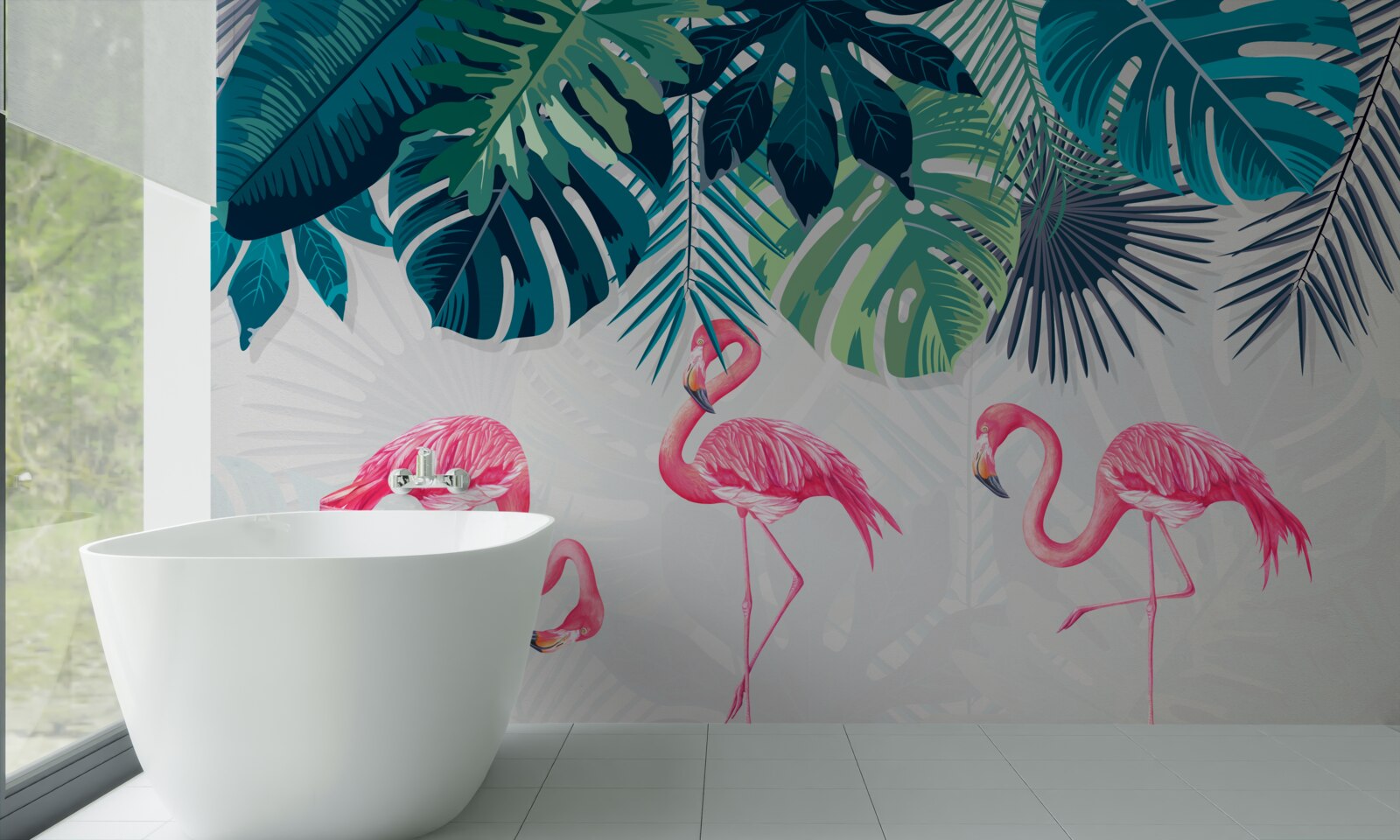 Papier peint végétation tropicale et oiseaux flamants roses