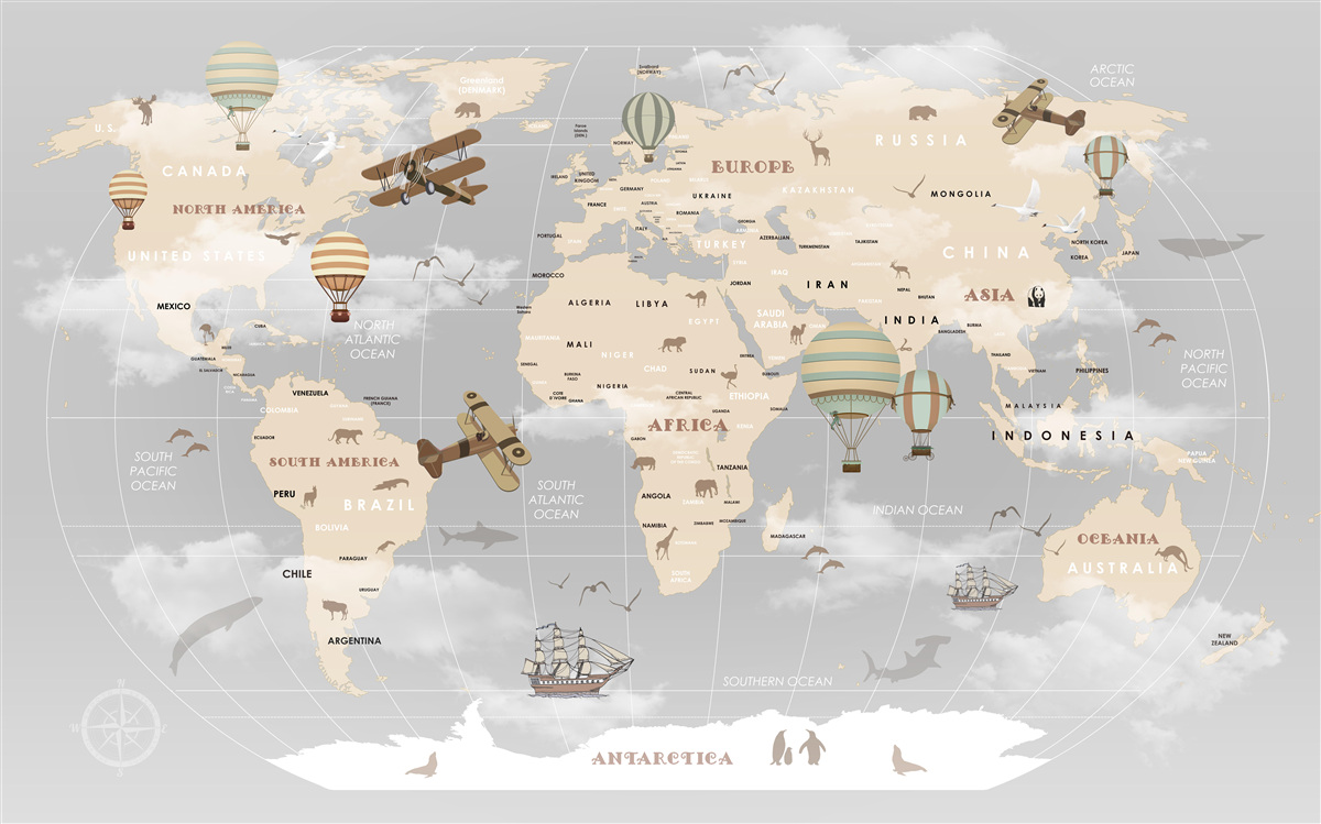 Papier peint carte mondiale avec différents modes de transport