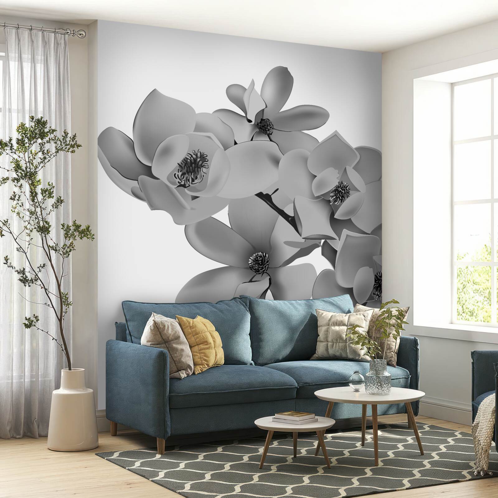 Papier peint fleurs écarlates sur fond blanc pur