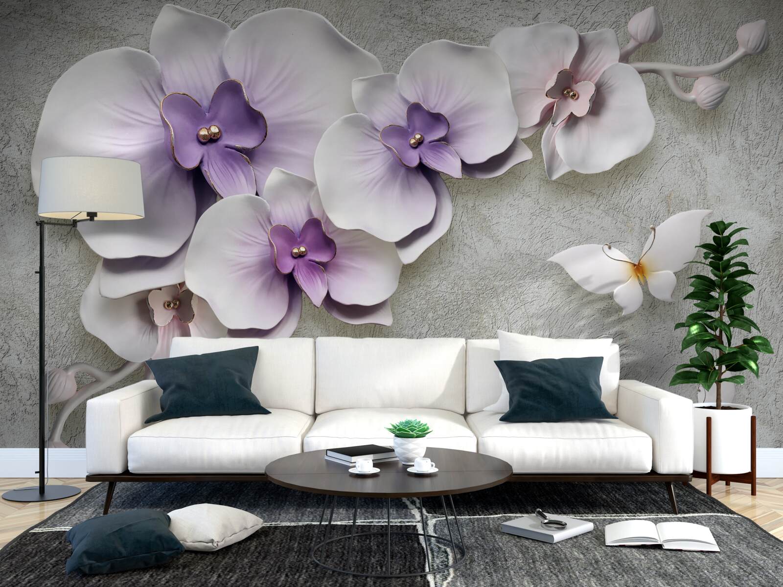 Papier peint de grands lys violets et un papillon blanc comme neige