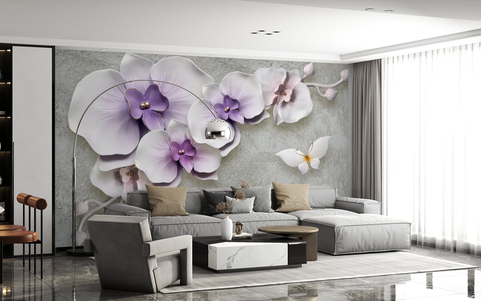 Papier peint de grands lys violets et un papillon blanc comme neige