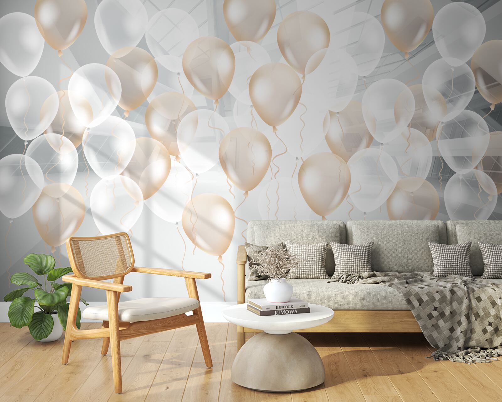 Papier peint ballons blancs et dorés