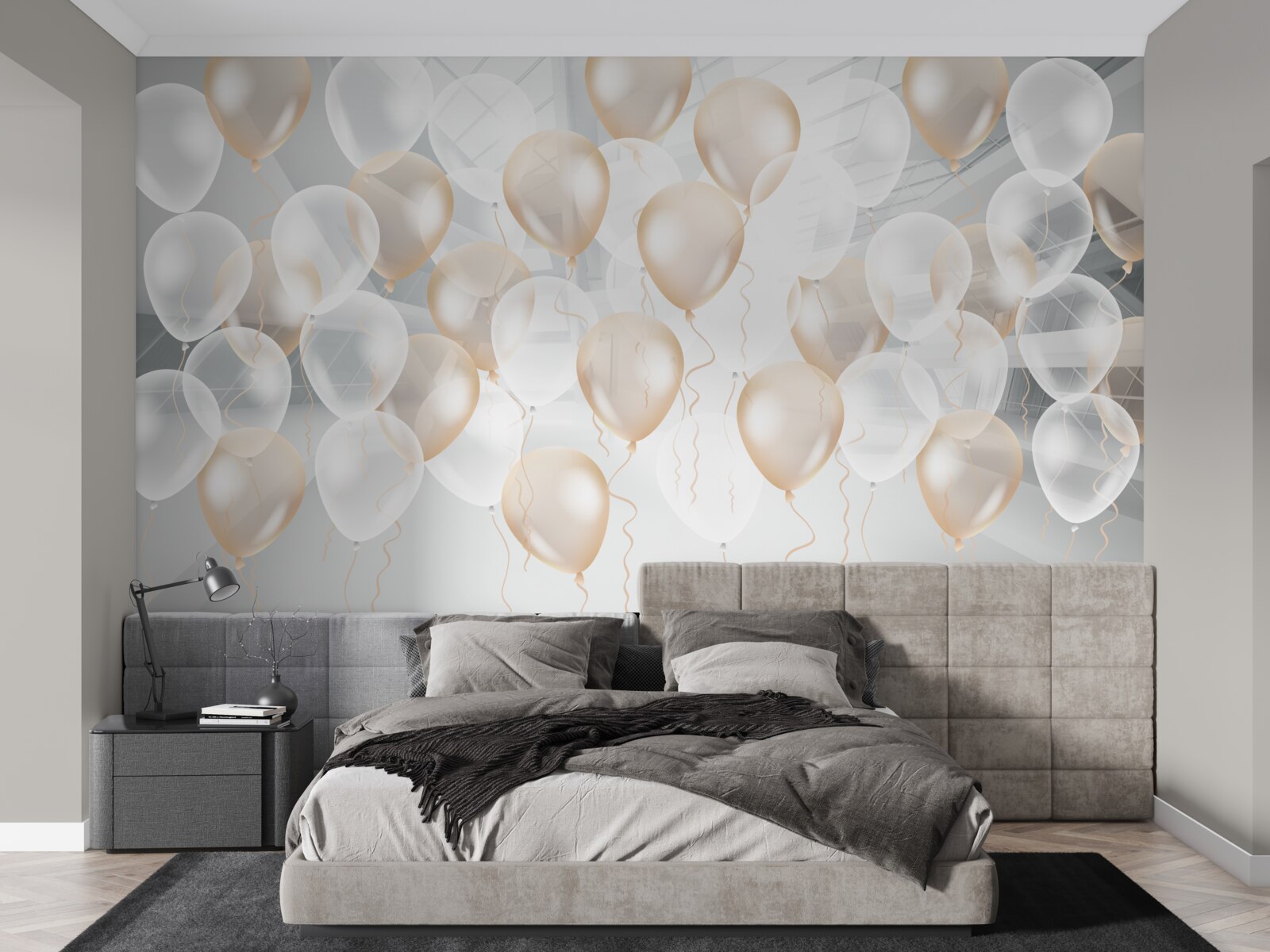 Papier peint ballons blancs et dorés