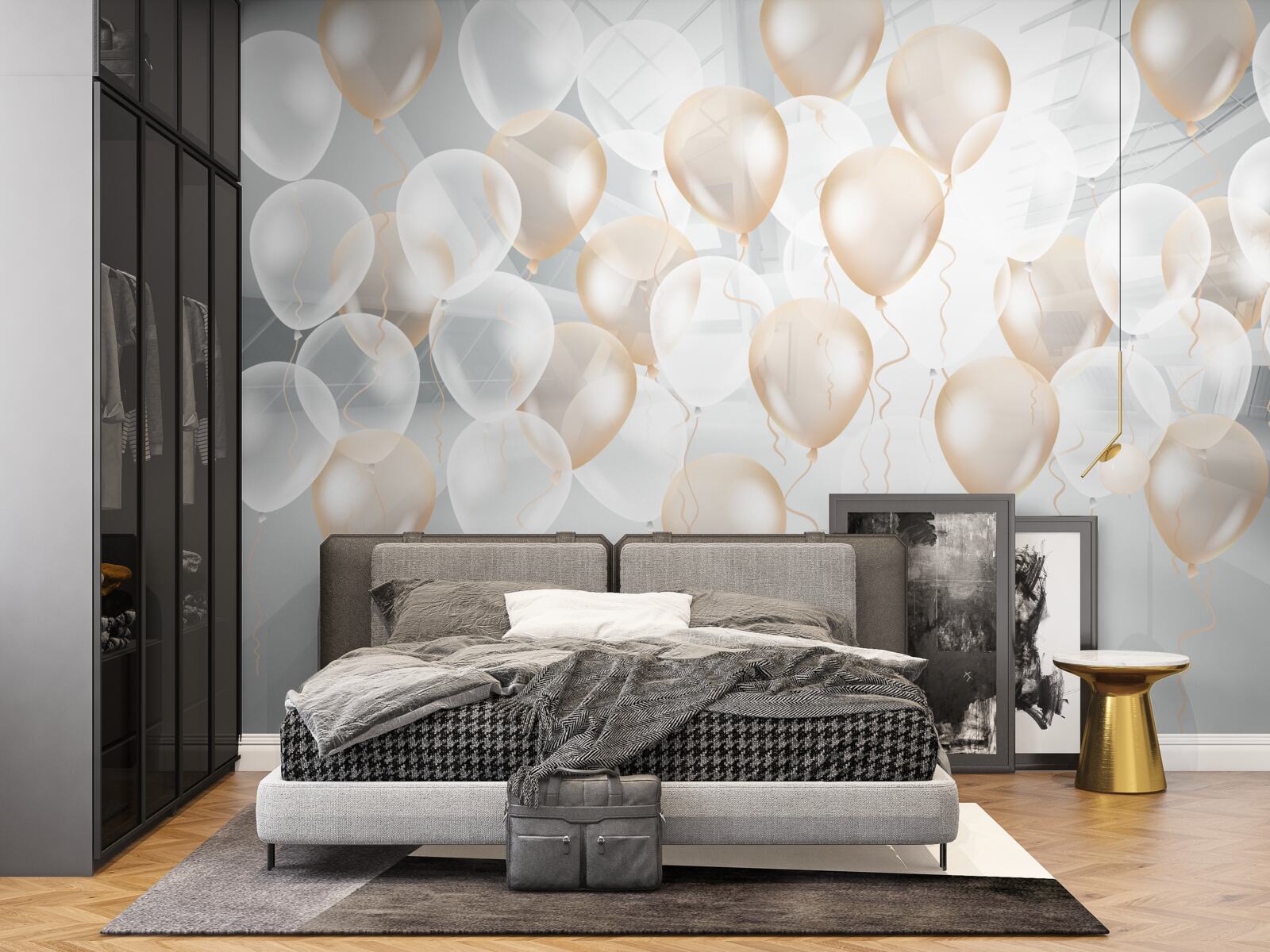 Papier peint ballons blancs et dorés