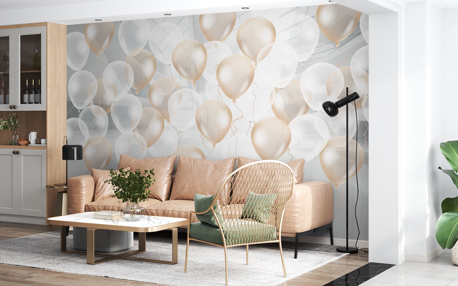 Papier peint ballons blancs et dorés