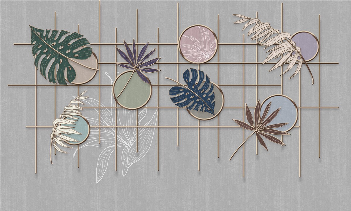 Papier peint feuilles de plantes tropicales sur une grille dorée