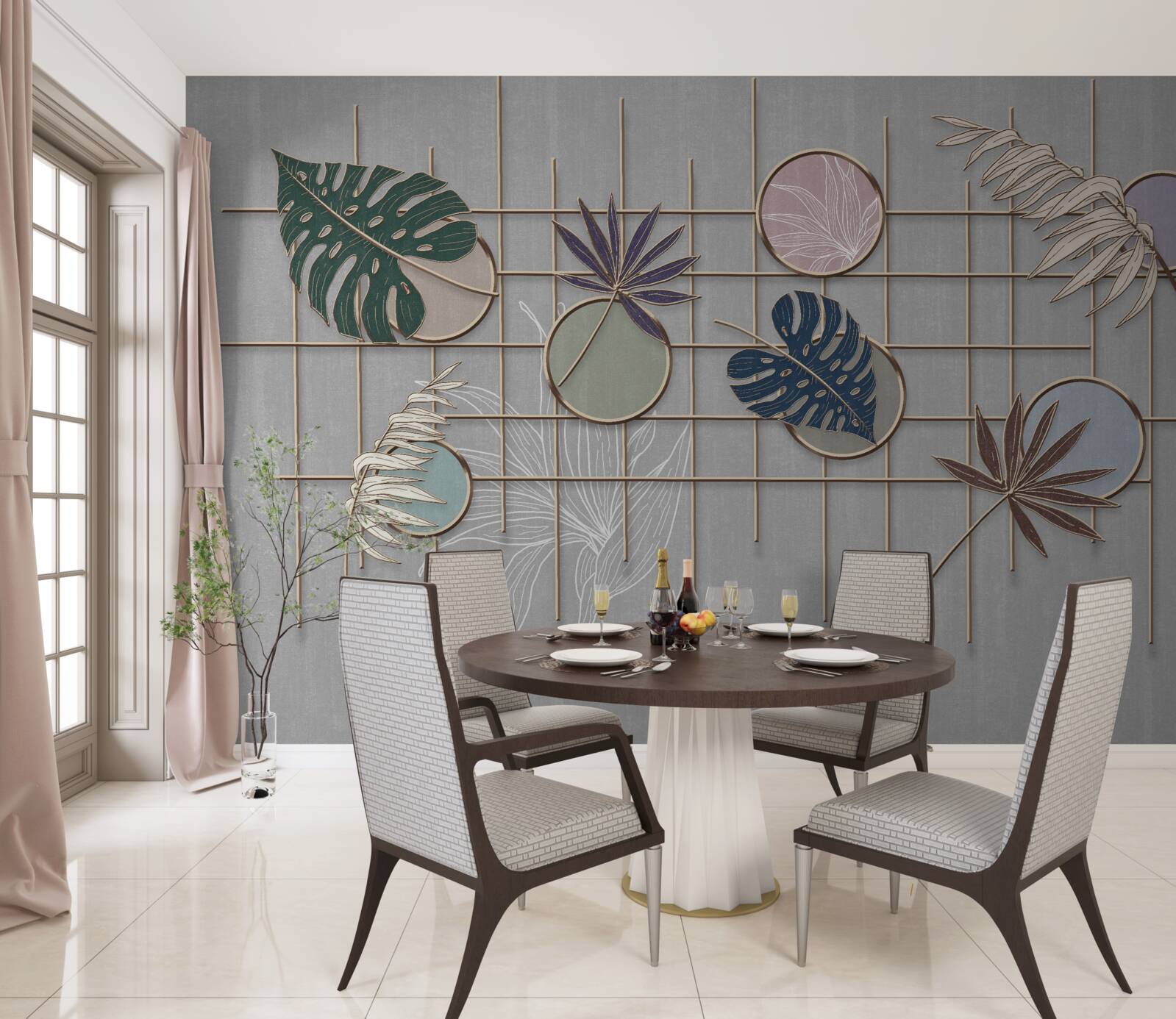 Papier peint feuilles de plantes tropicales sur une grille dorée