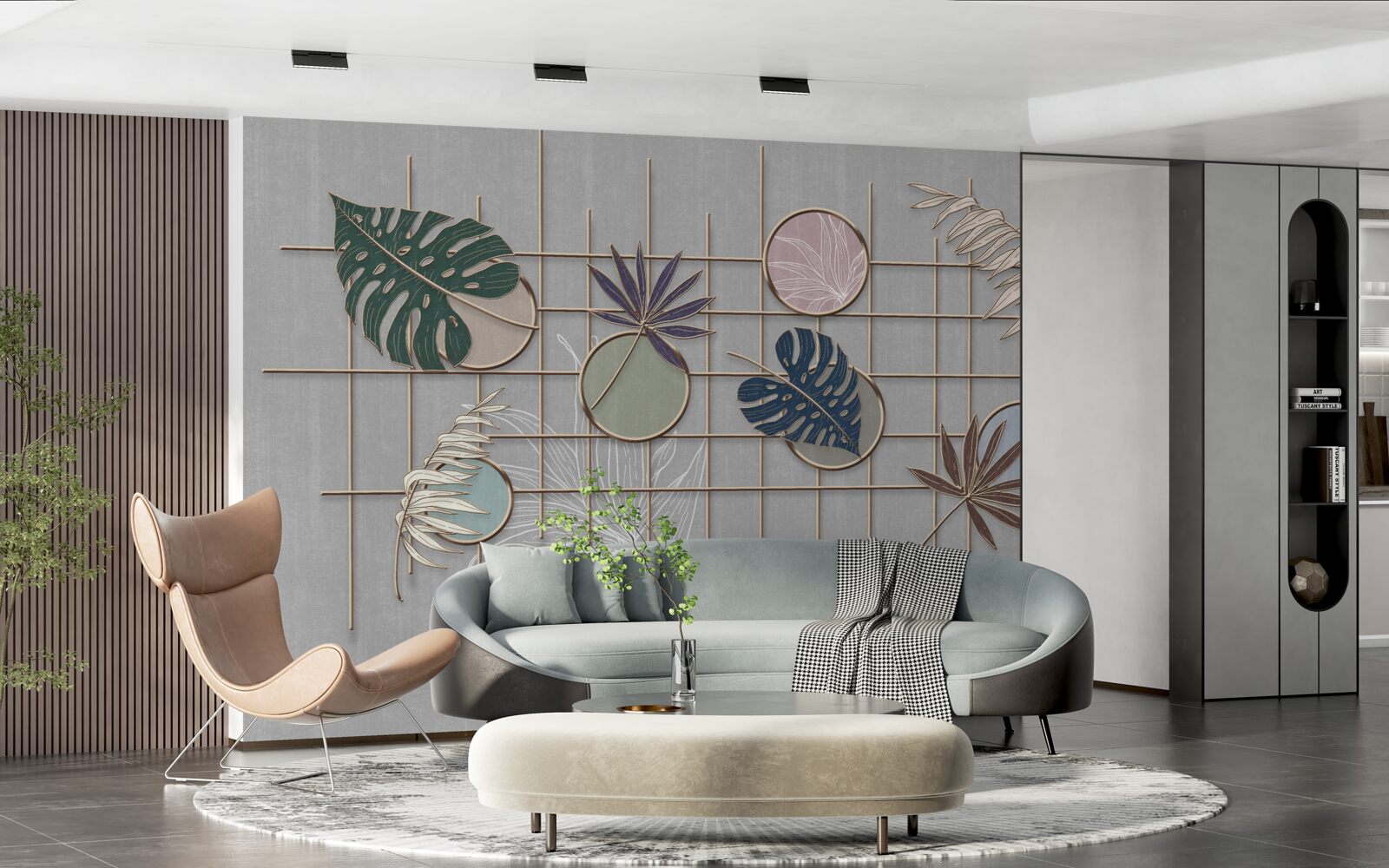 Papier peint feuilles de plantes tropicales sur une grille dorée