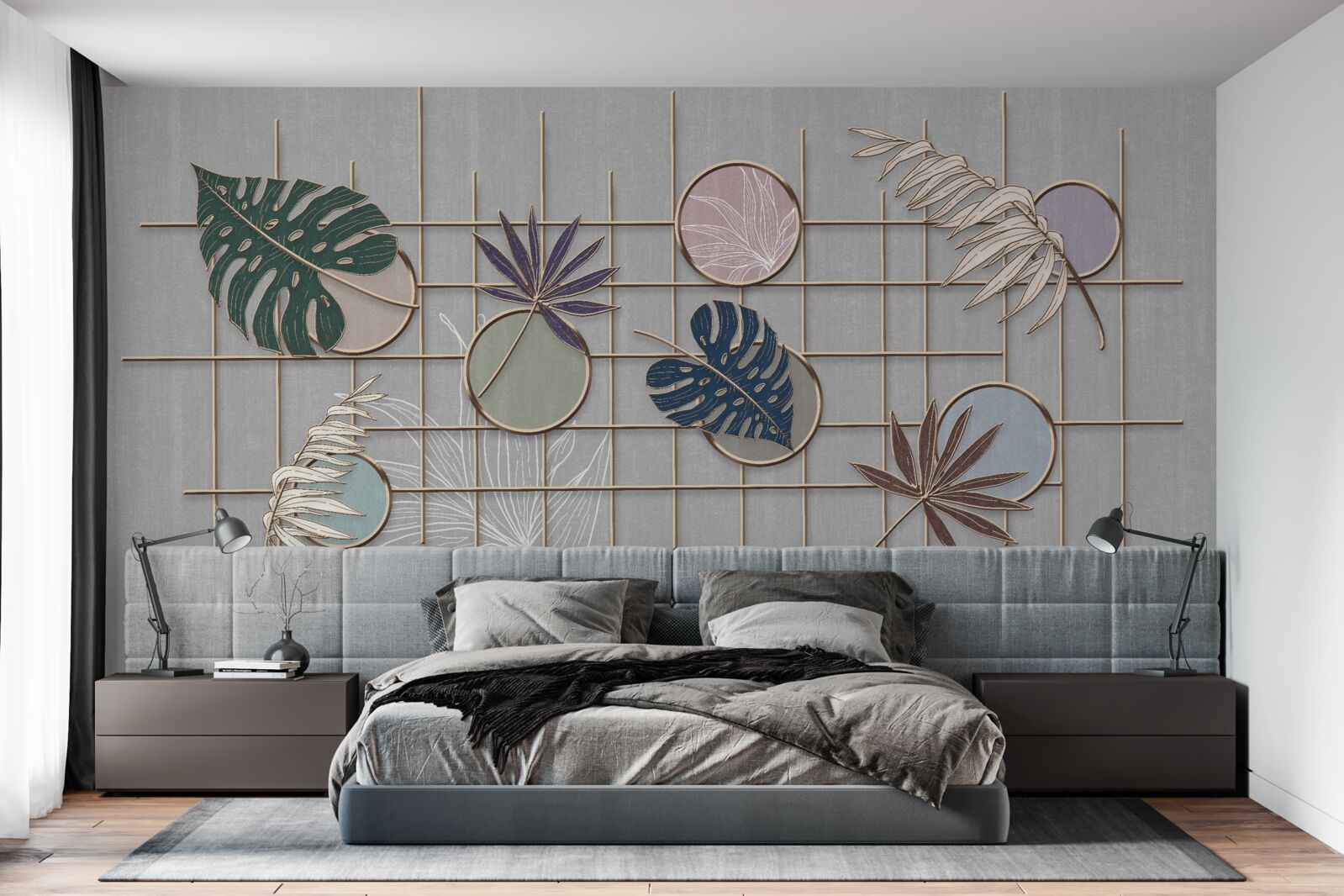 Papier peint feuilles de plantes tropicales sur une grille dorée