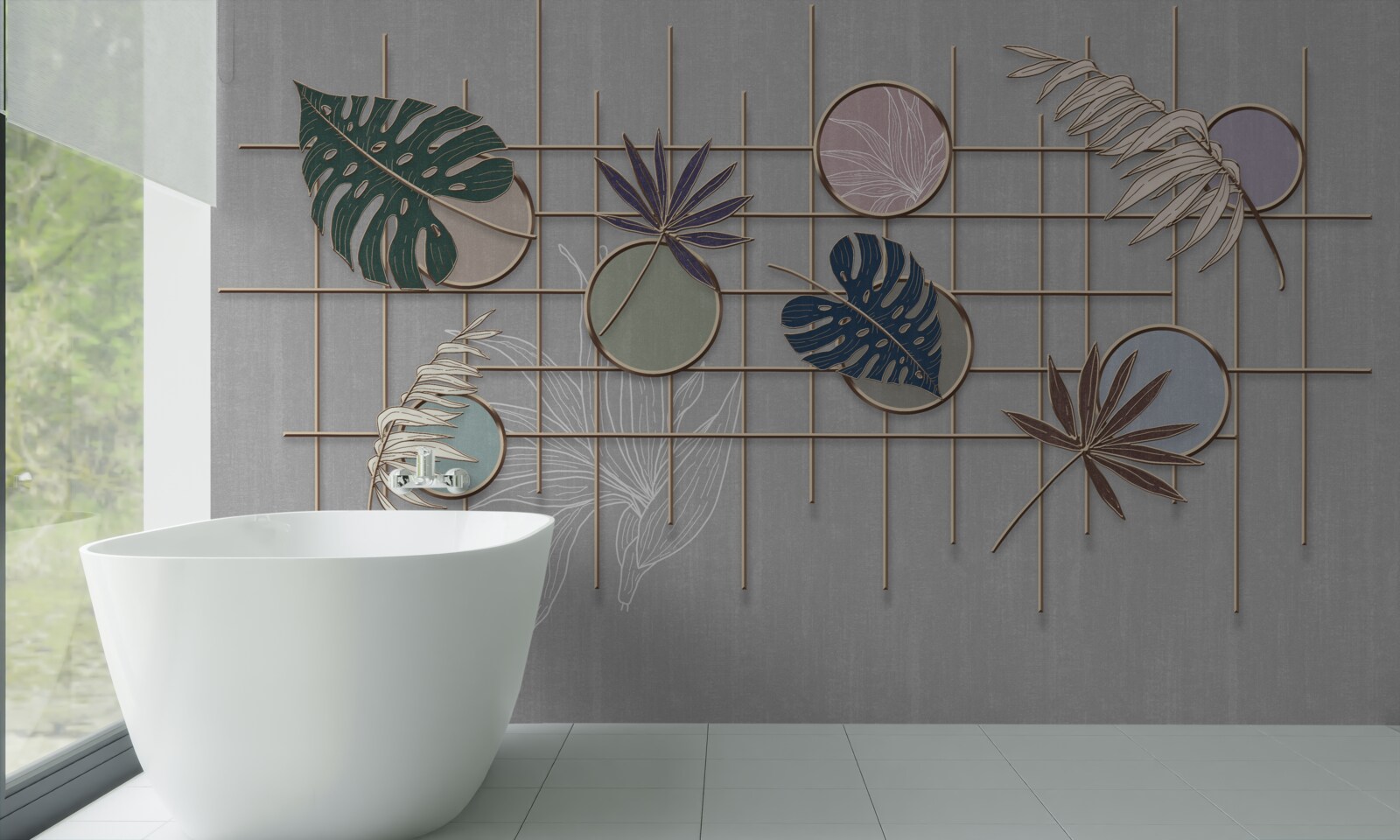 Papier peint feuilles de plantes tropicales sur une grille dorée