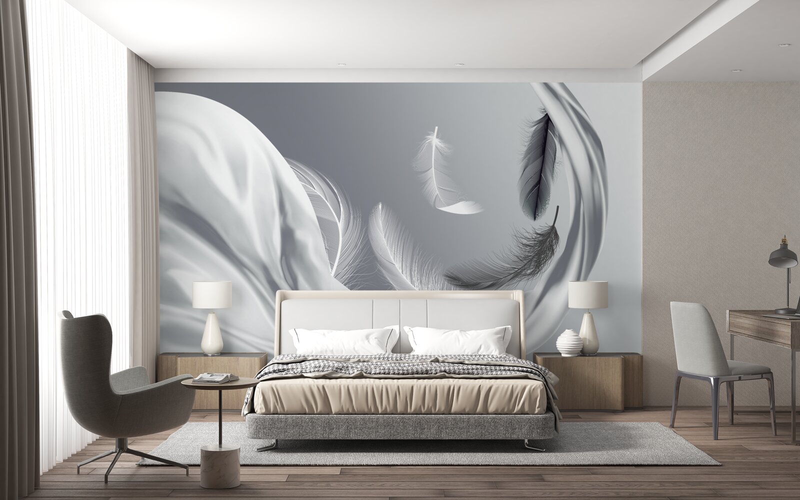 Papier peint une spirale torsadée de plumes flottantes