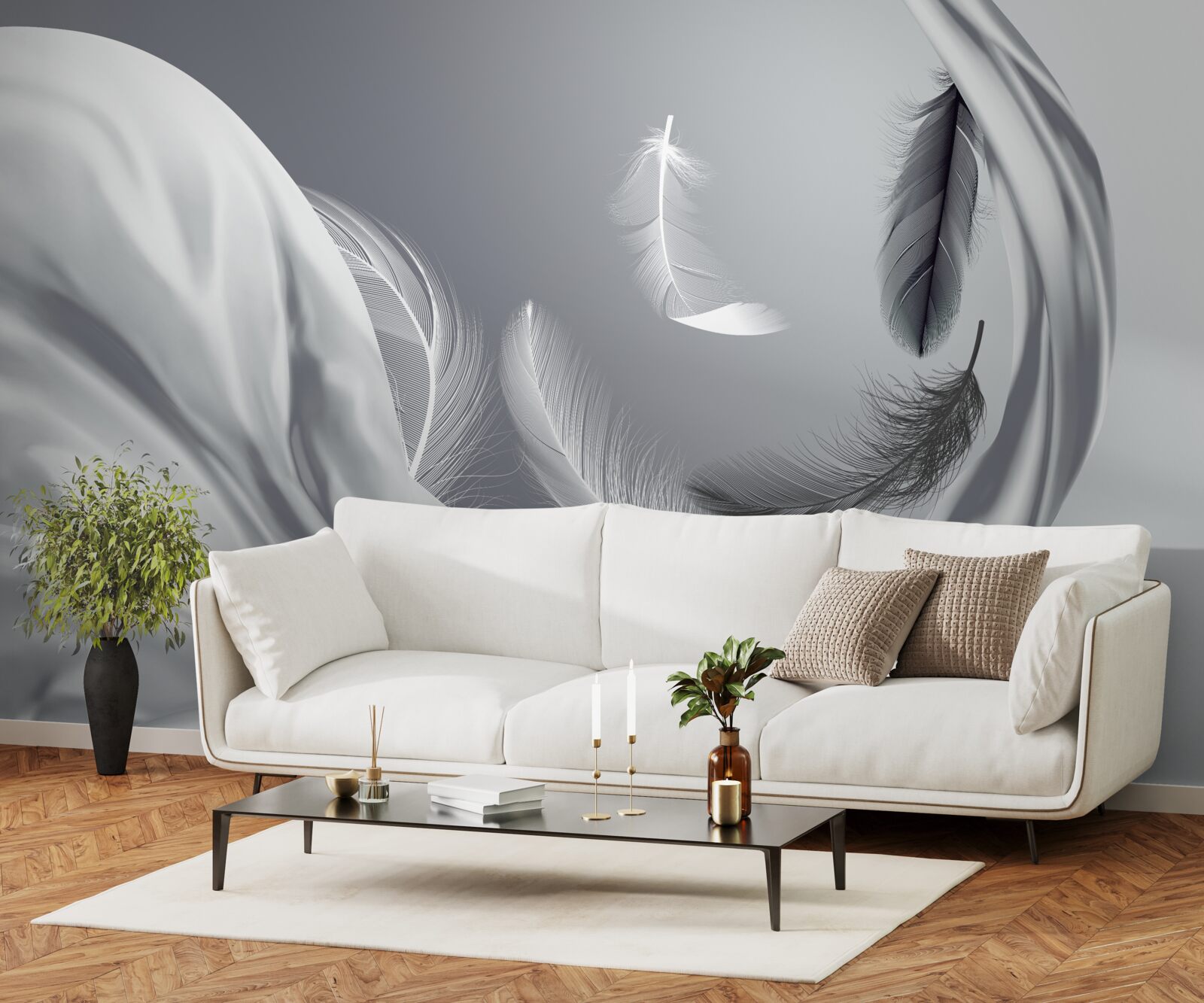 Papier peint une spirale torsadée de plumes flottantes