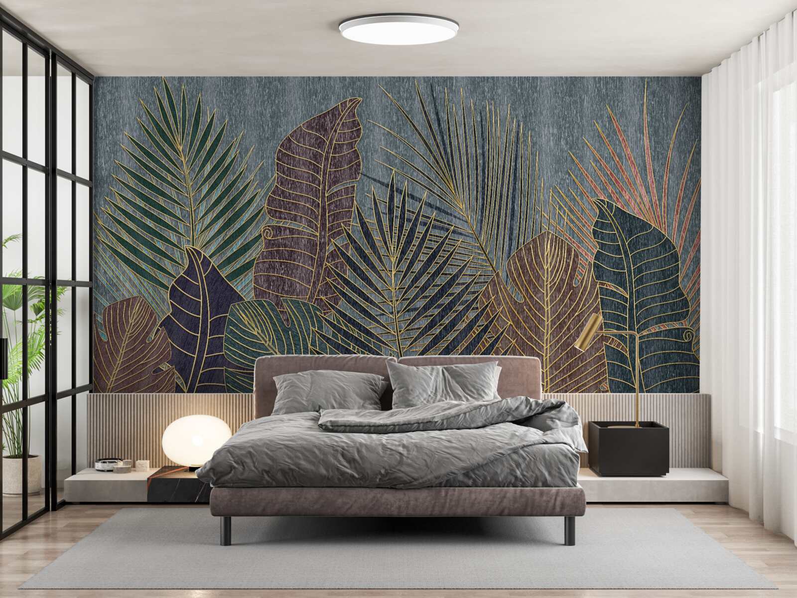 Papier peint coucher de soleil dans une forêt tropicale enveloppée d'abstraction