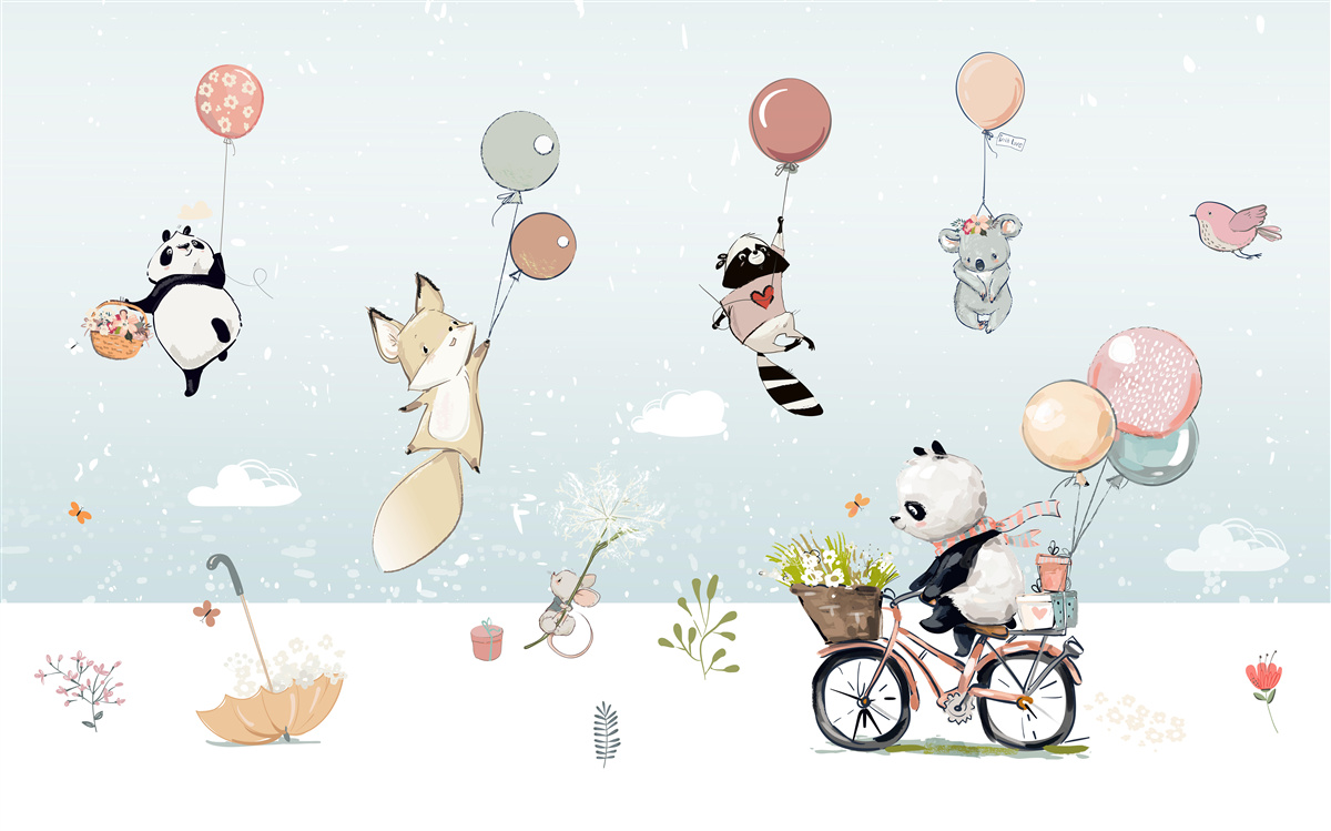 Papier peint panda à bicyclette et animaux à bulles