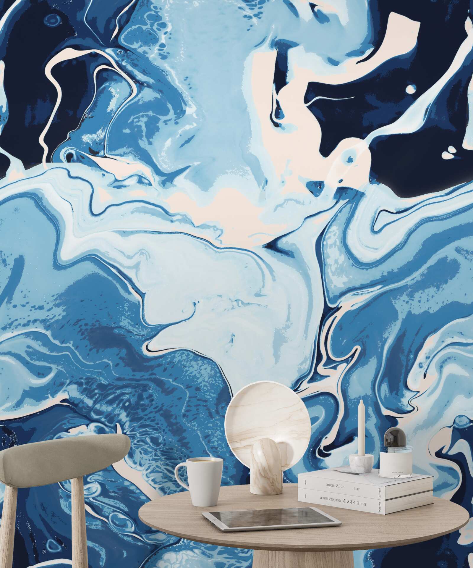 Papier peint image de vagues en nuances de bleu sur fond de marbre