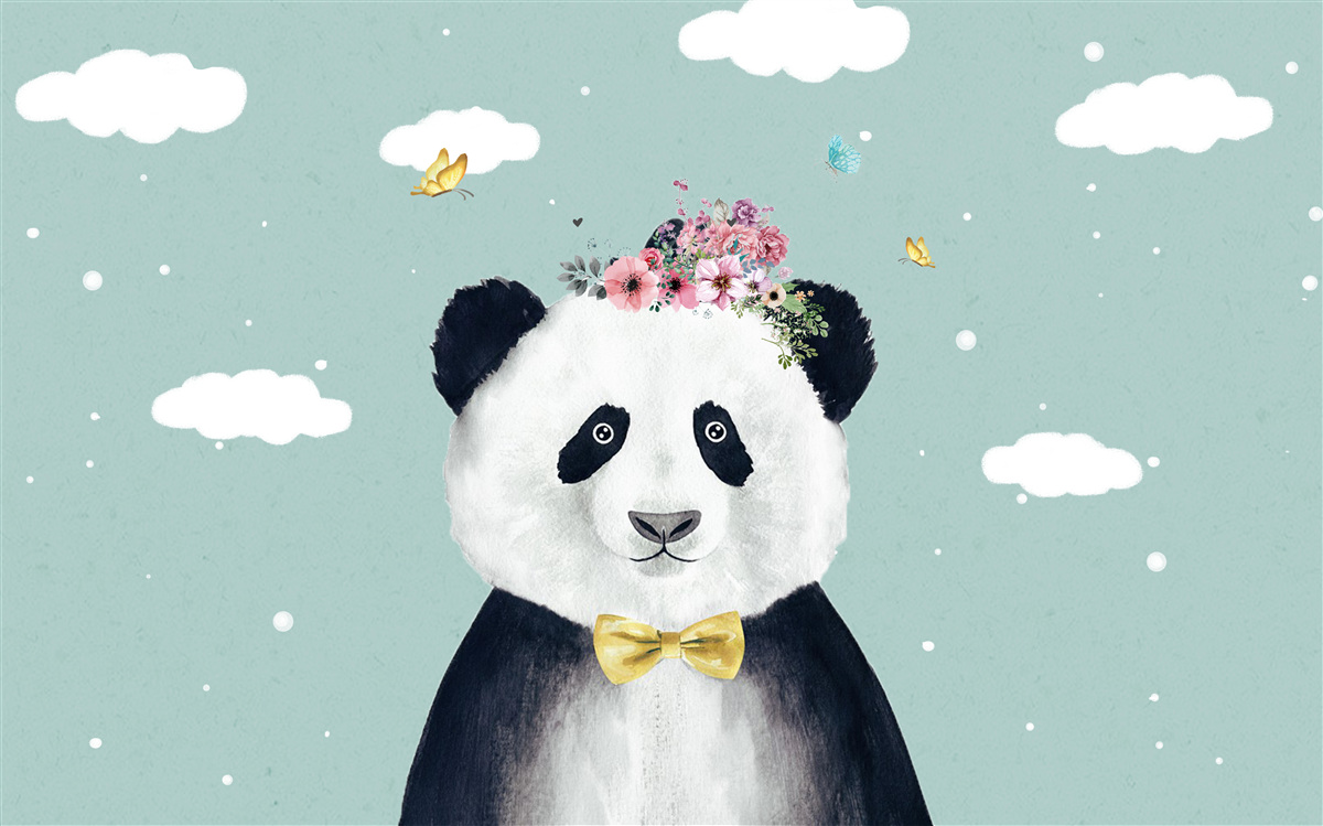 Papier peint les nuages sont devenus l'arrière-plan d'un panda avec des fleurs