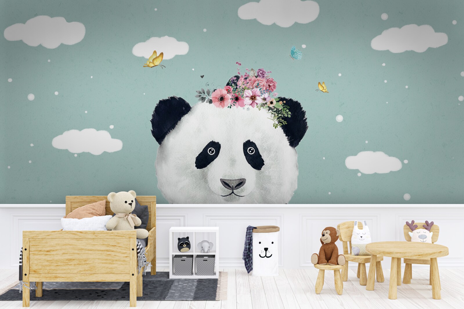 Papier peint les nuages sont devenus l'arrière-plan d'un panda avec des fleurs