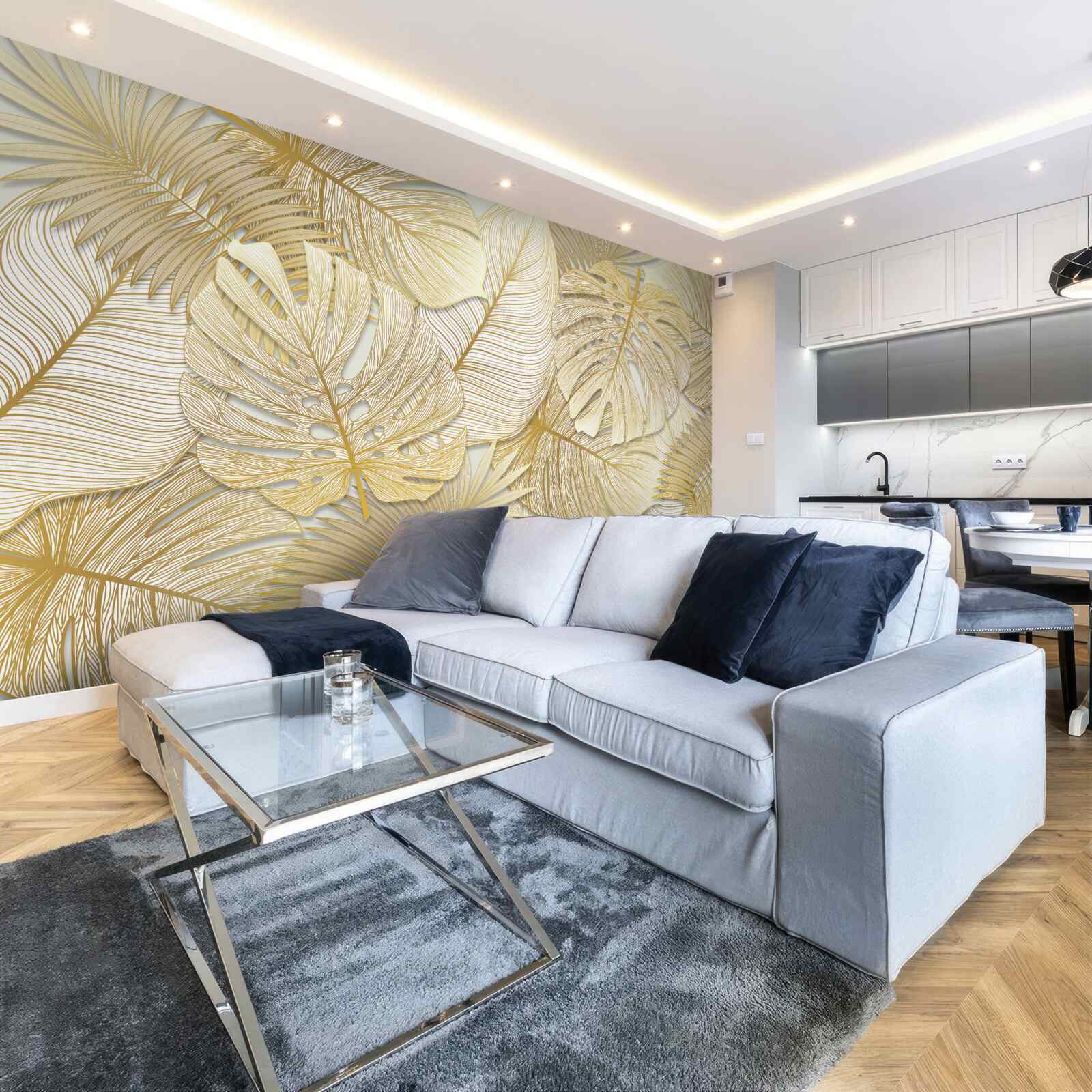 Papier peint monstera et fougère aux feuilles dorées