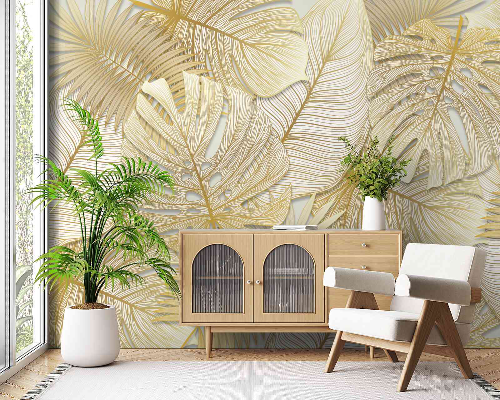 Papier peint monstera et fougère aux feuilles dorées