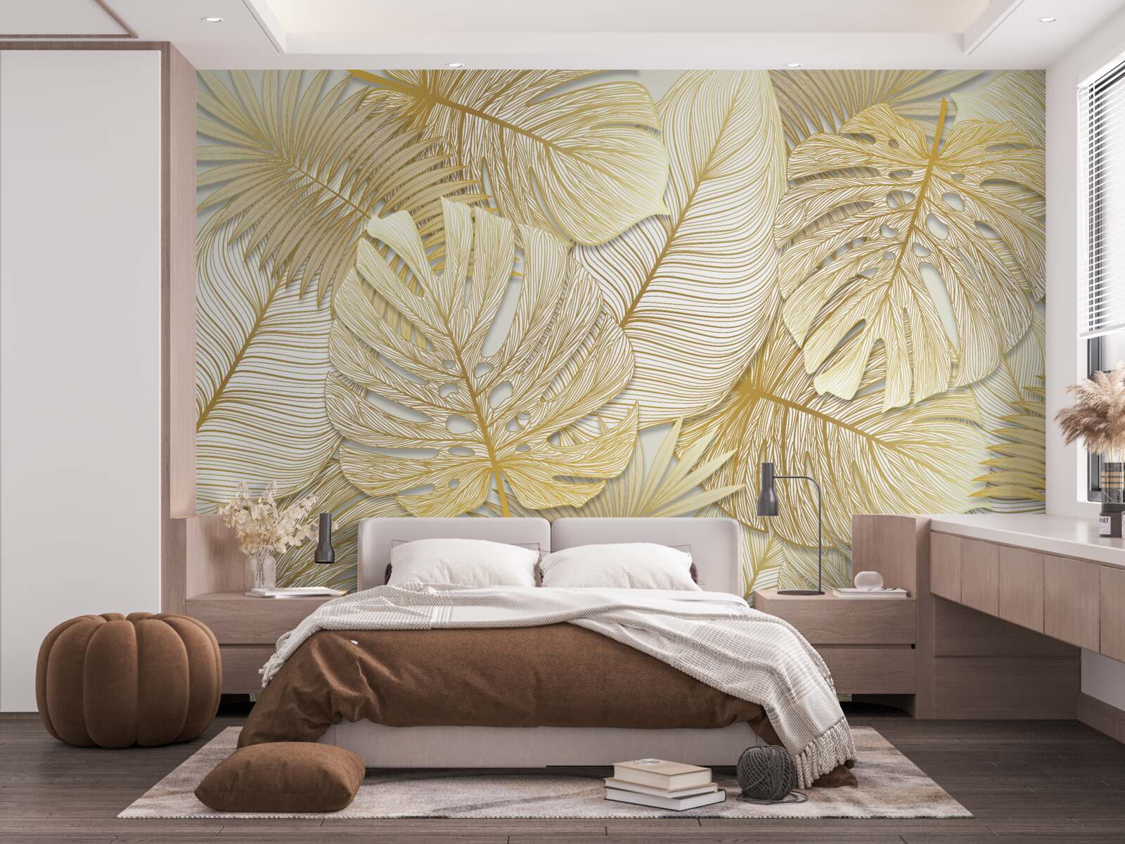 Papier peint monstera et fougère aux feuilles dorées
