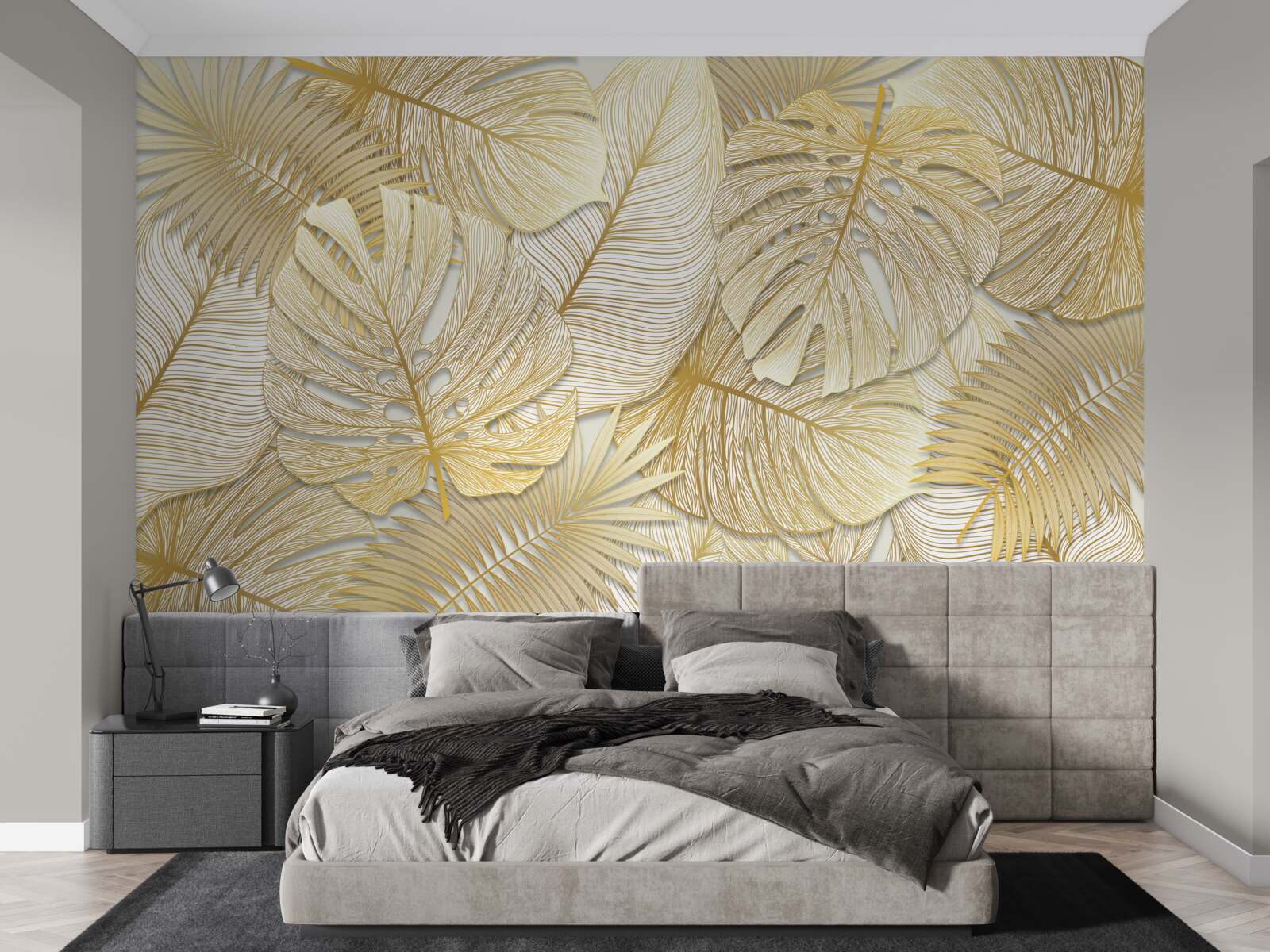 Papier peint monstera et fougère aux feuilles dorées