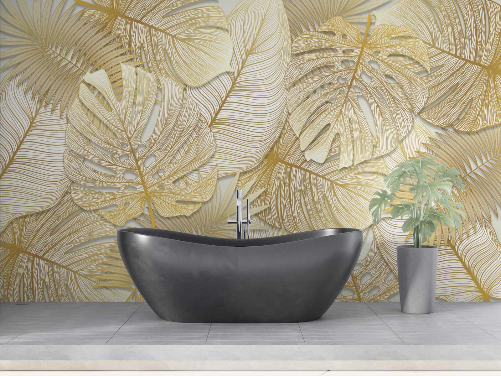 Papier peint monstera et fougère aux feuilles dorées