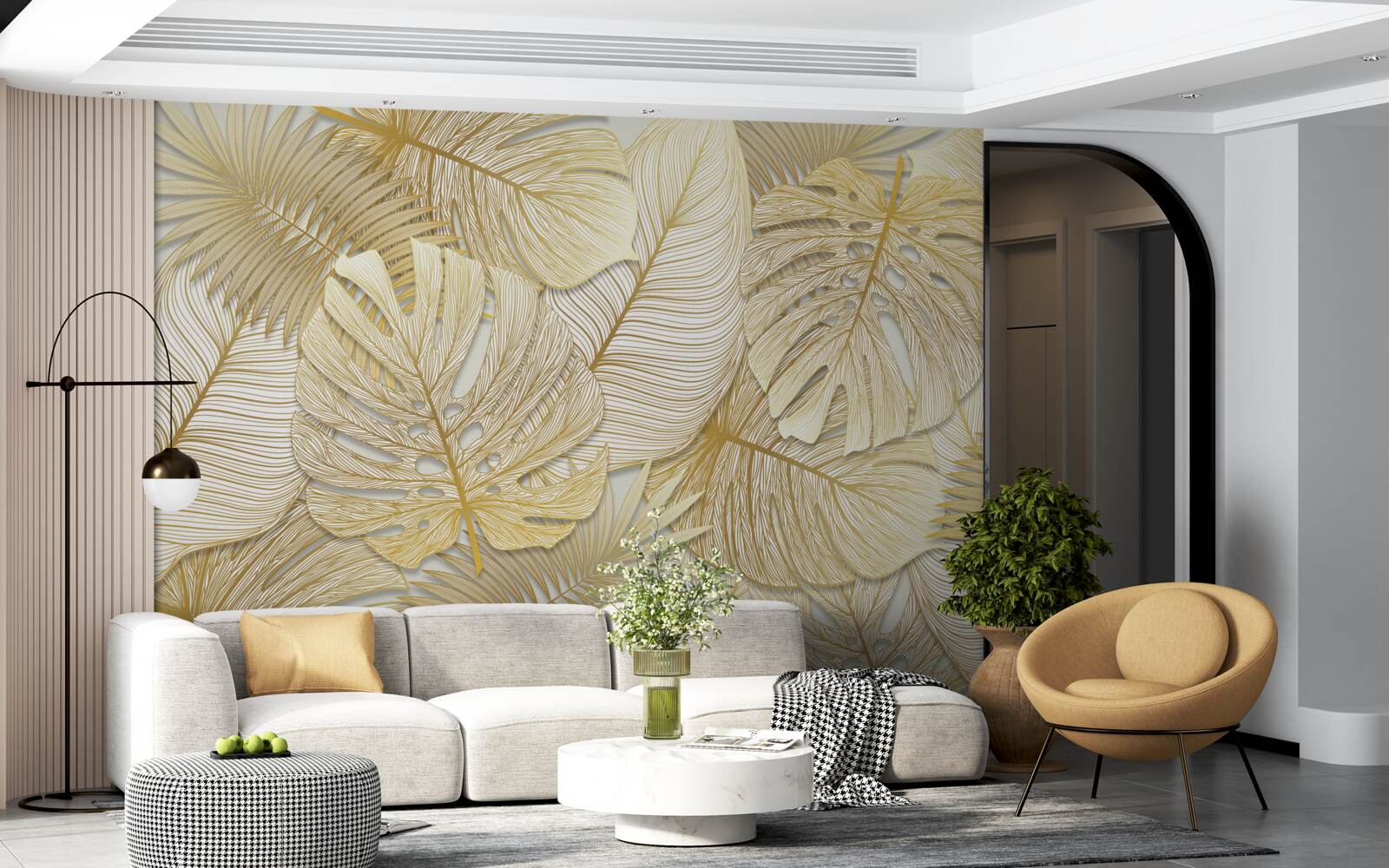 Papier peint monstera et fougère aux feuilles dorées
