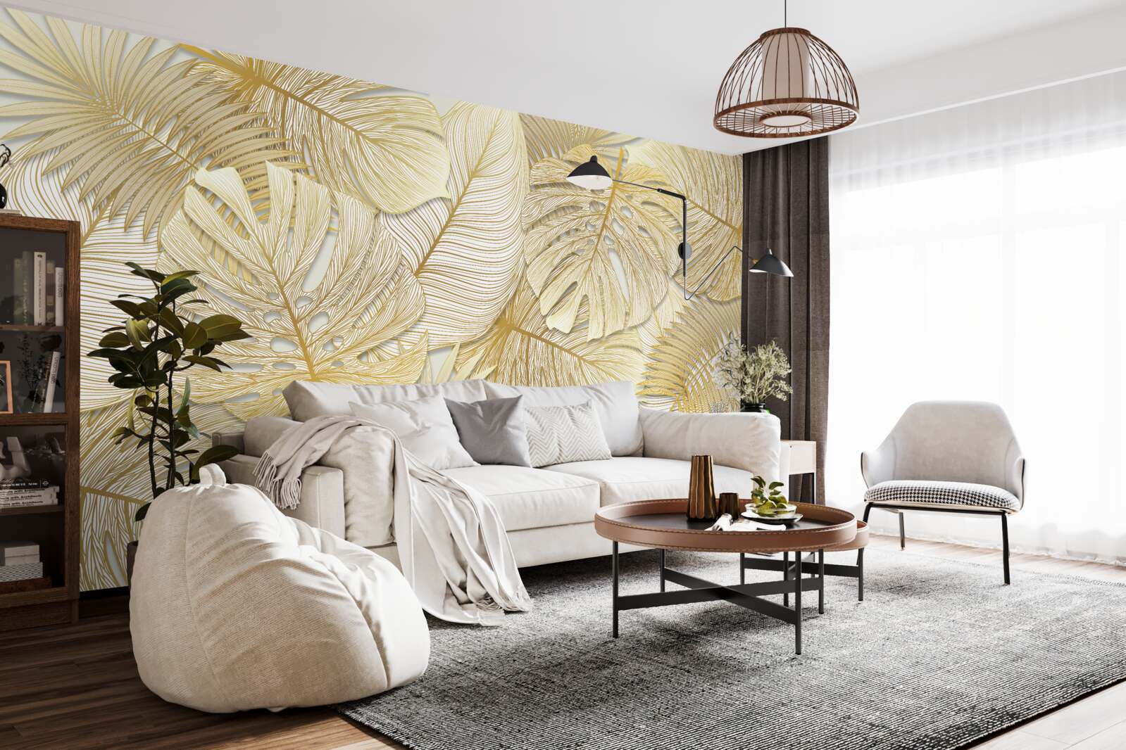 Papier peint monstera et fougère aux feuilles dorées
