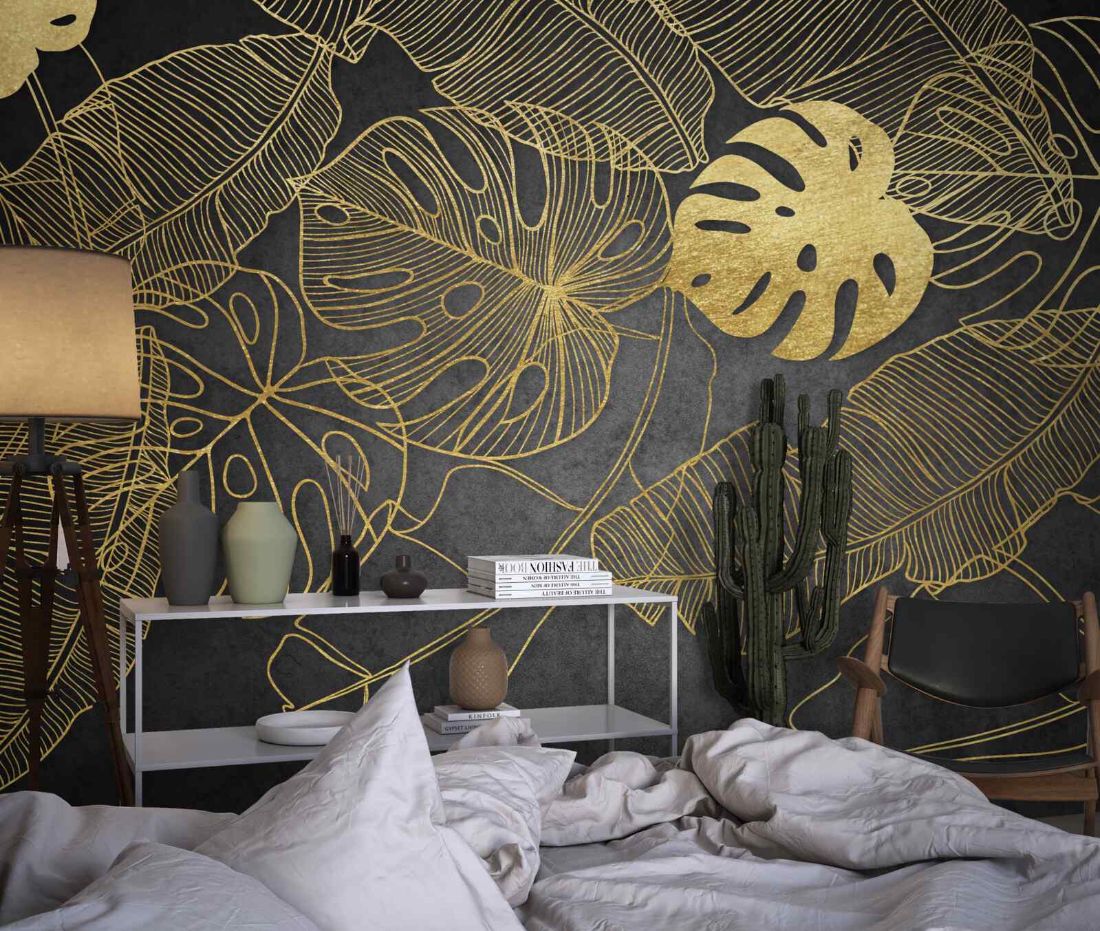 Papier peint feuilles de monstera d'or