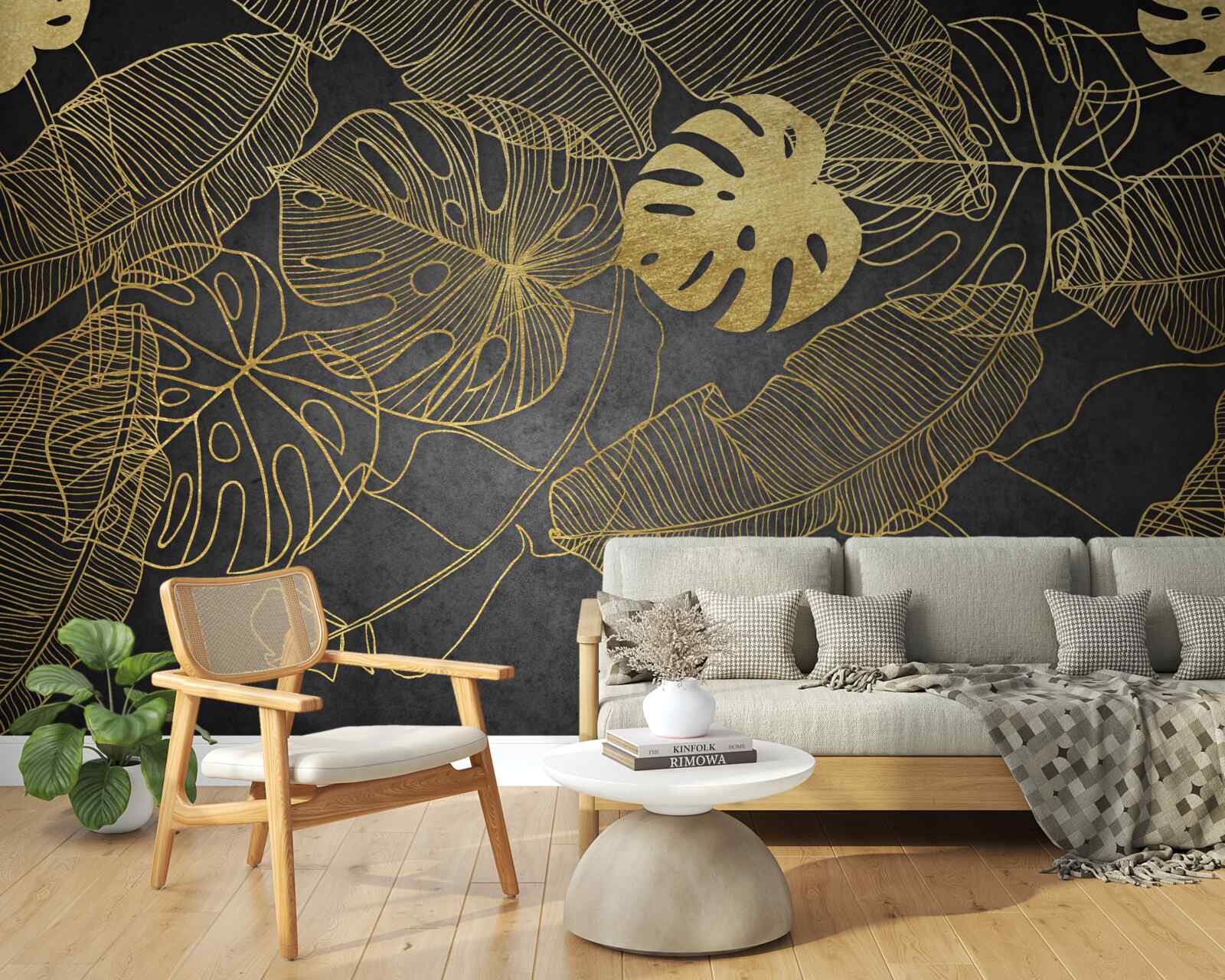 Papier peint feuilles de monstera d'or