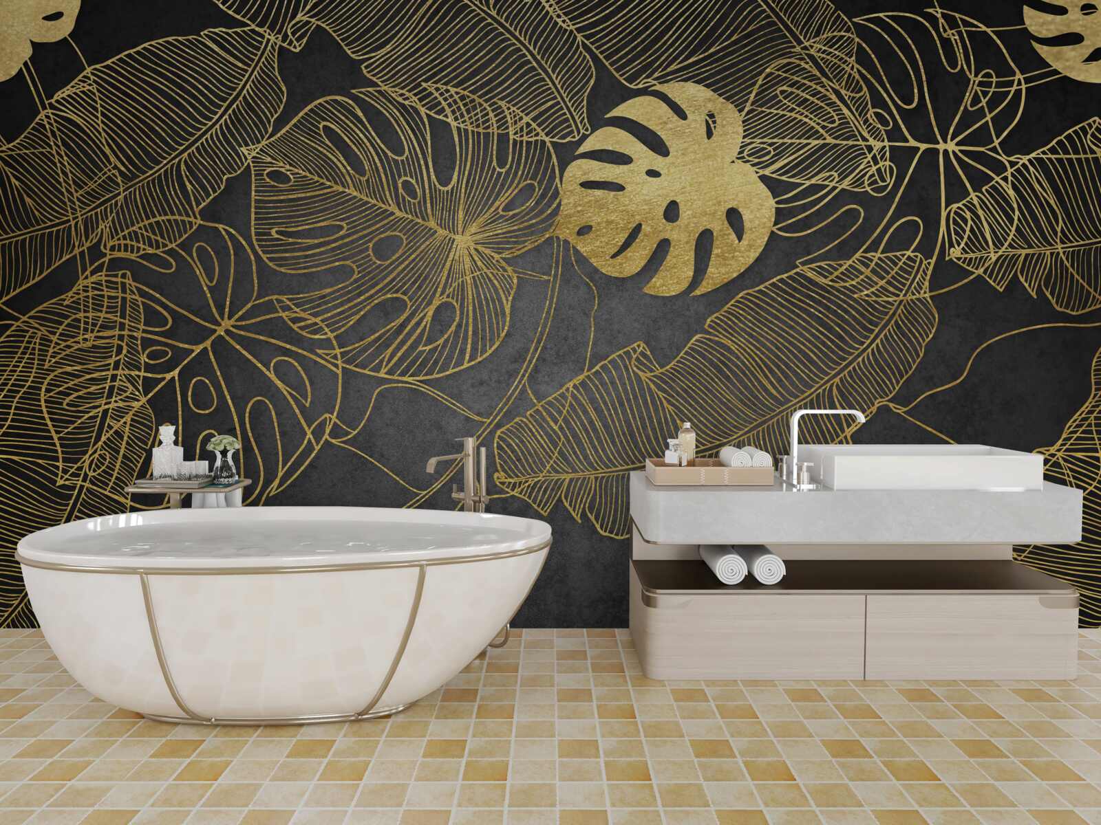 Papier peint feuilles de monstera d'or