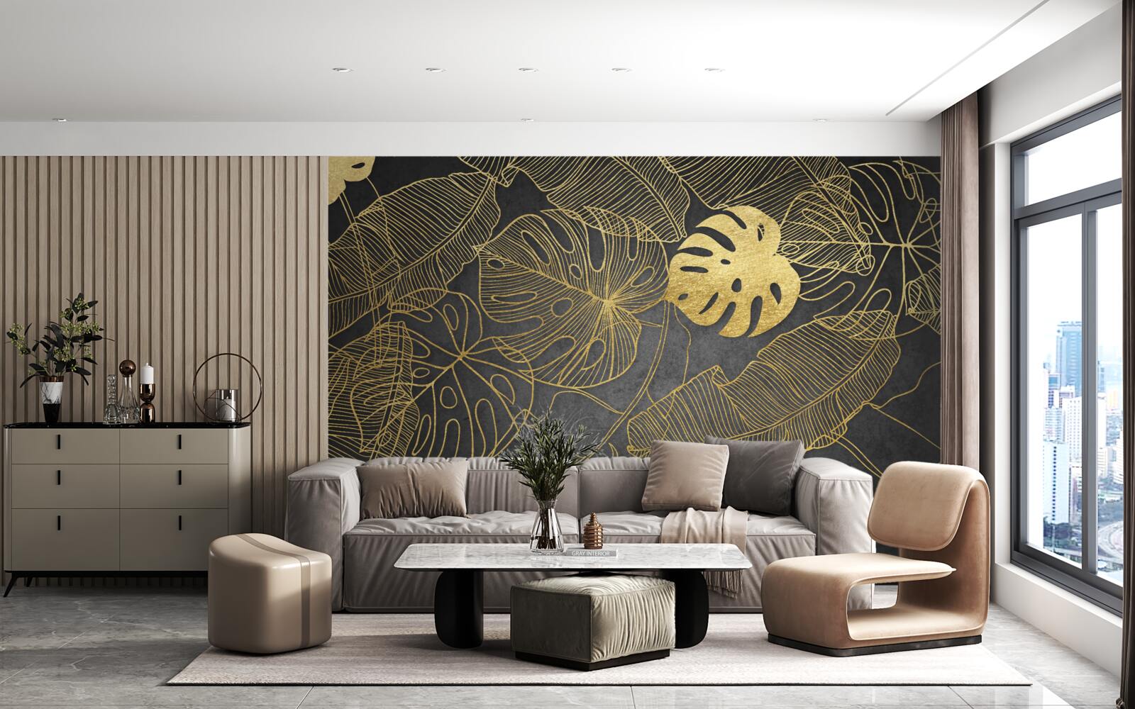 Papier peint feuilles de monstera d'or