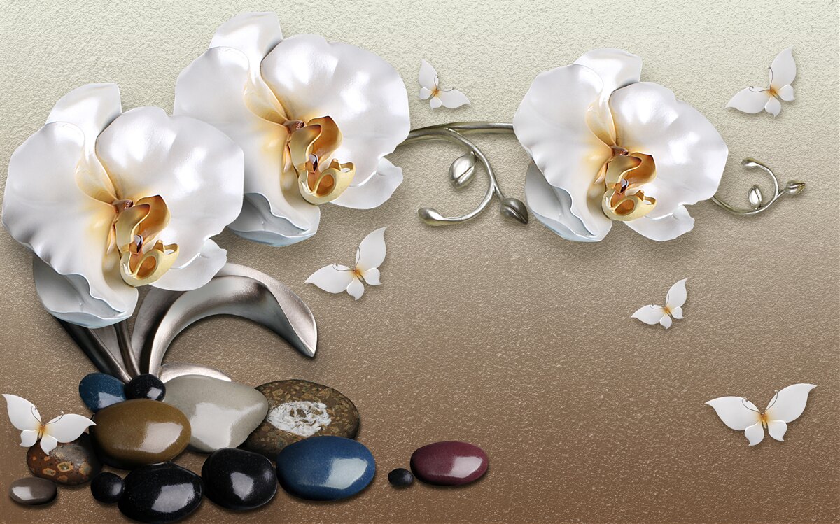Papier peint Des orchidées blanches comme la neige pénètrent dans les pierres