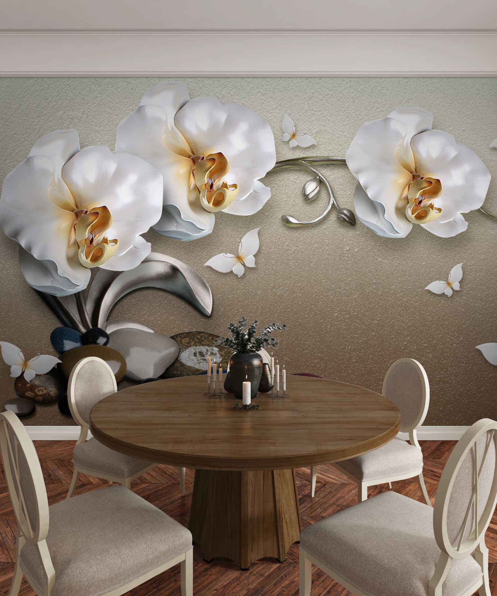 Papier peint Des orchidées blanches comme la neige pénètrent dans les pierres