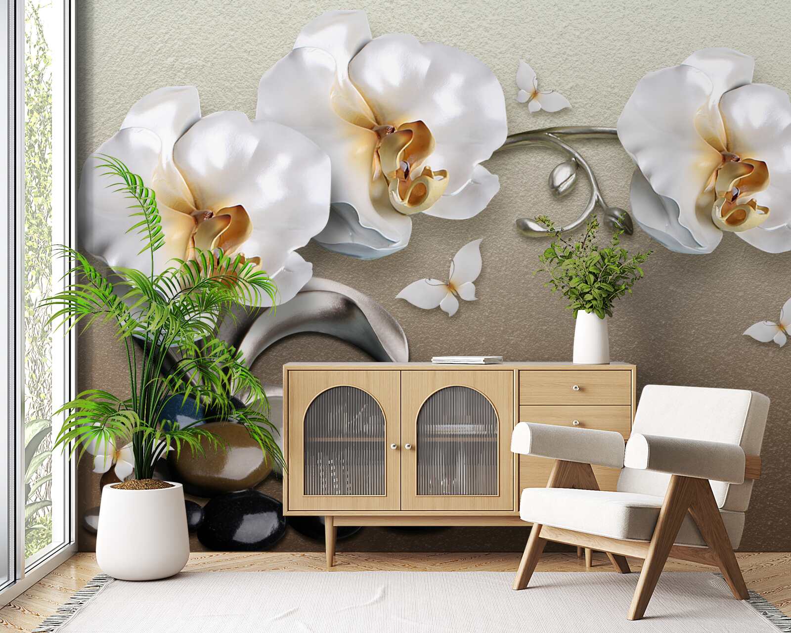 Papier peint Des orchidées blanches comme la neige pénètrent dans les pierres