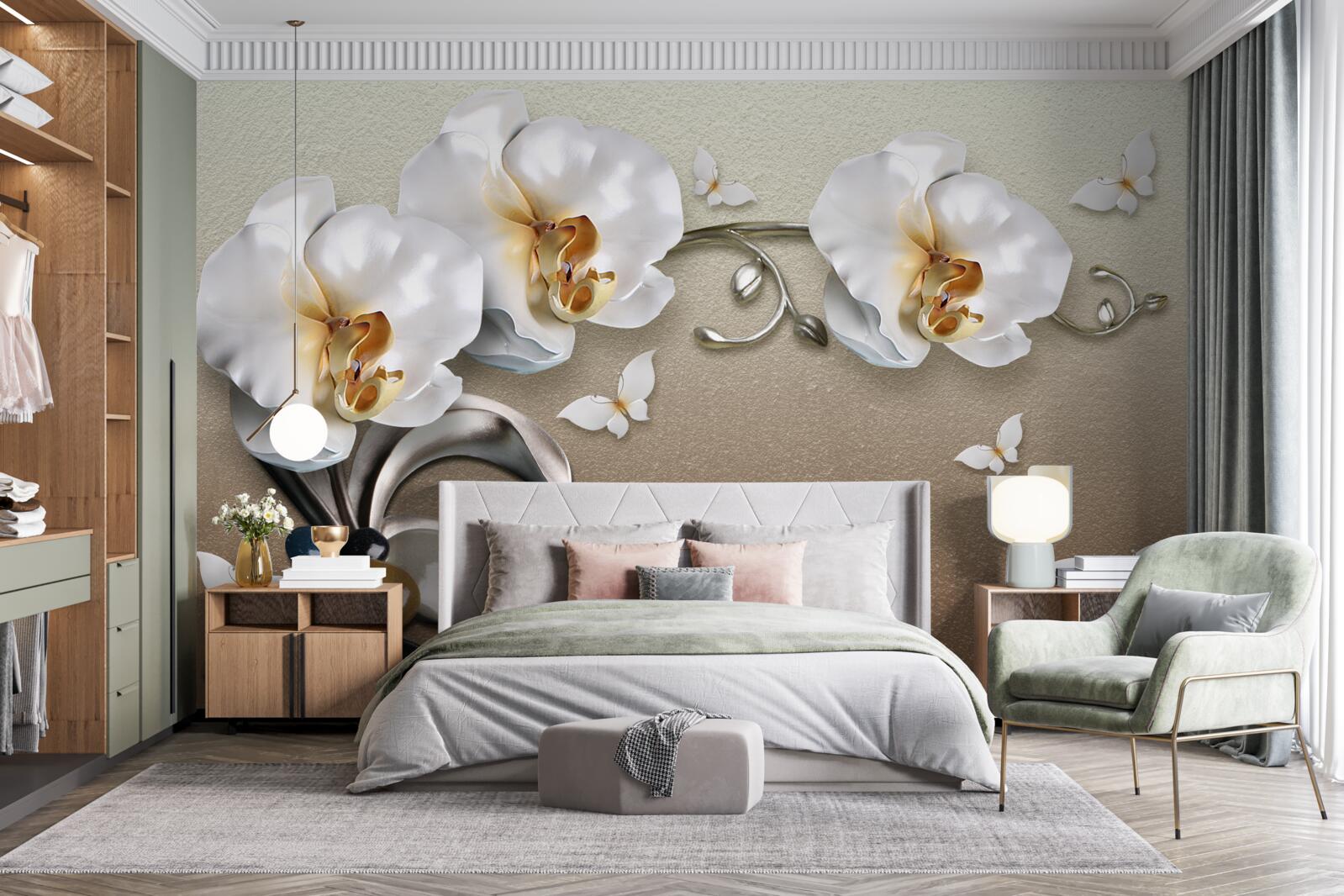 Papier peint Des orchidées blanches comme la neige pénètrent dans les pierres