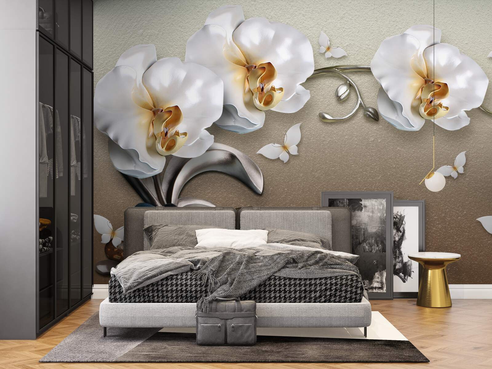 Papier peint Des orchidées blanches comme la neige pénètrent dans les pierres
