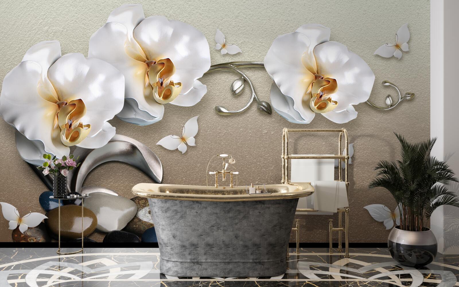Papier peint Des orchidées blanches comme la neige pénètrent dans les pierres