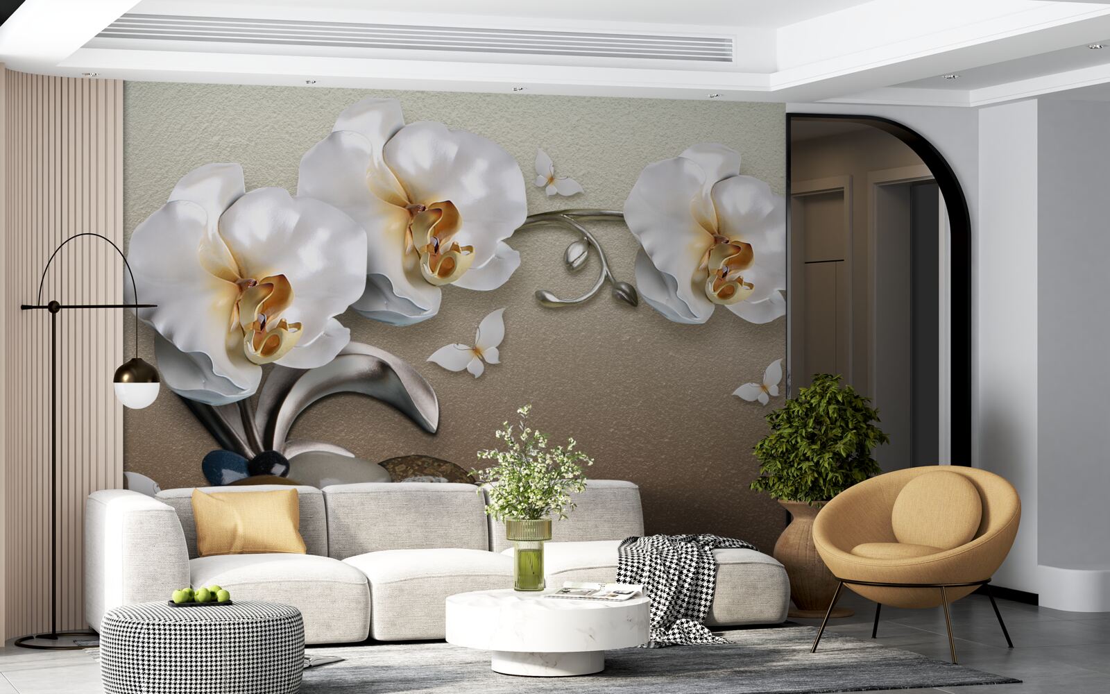 Papier peint Des orchidées blanches comme la neige pénètrent dans les pierres