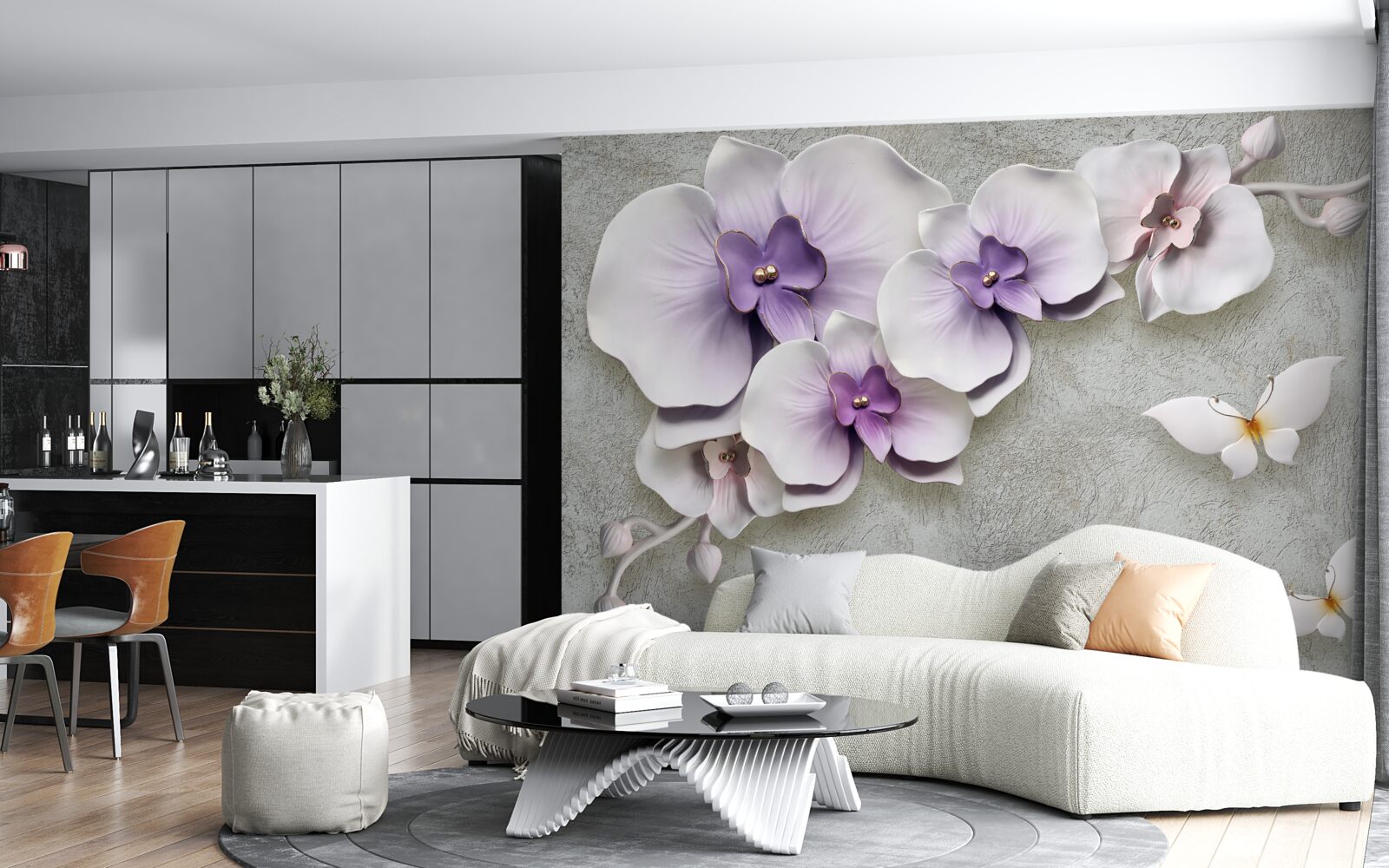 Papier peint les papillons sont blancs comme la neige et les lys violets