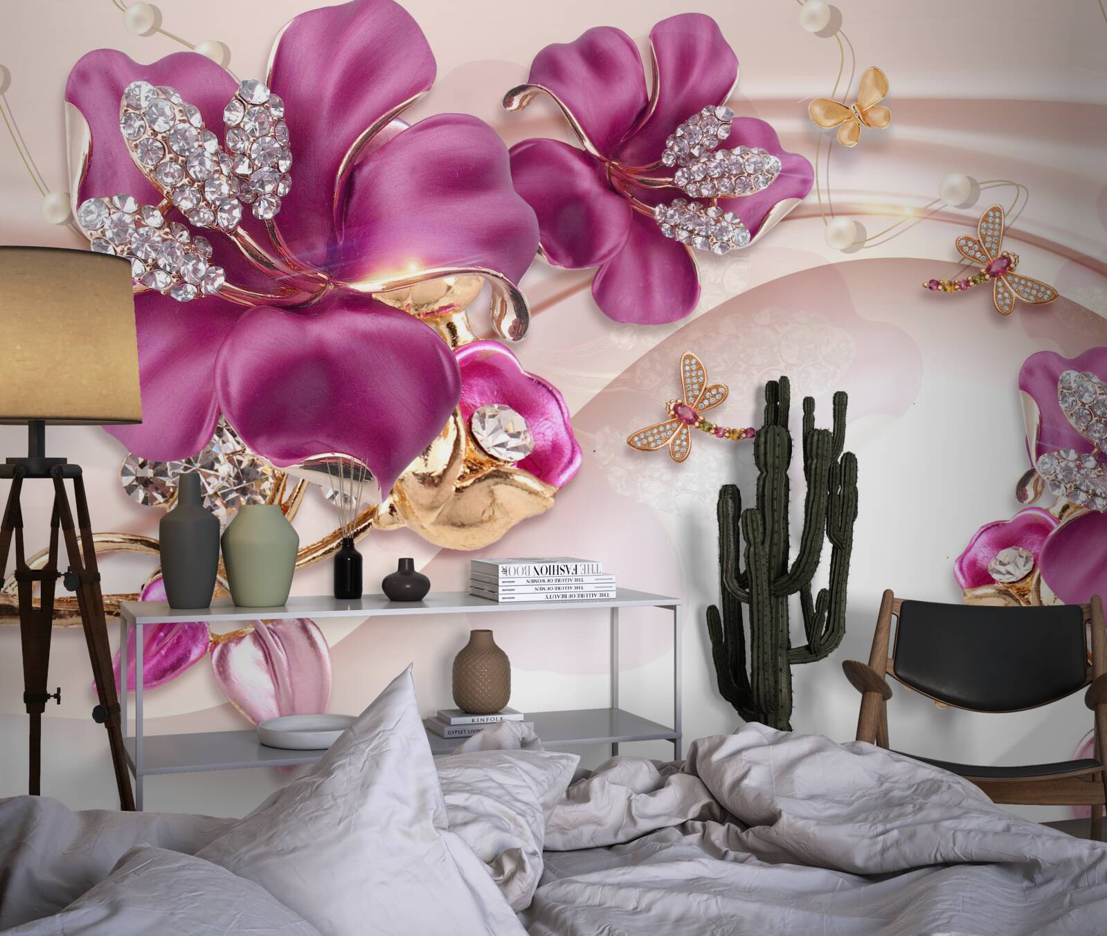 Papier peint les fleurs sont violettes avec un cœur pierreux