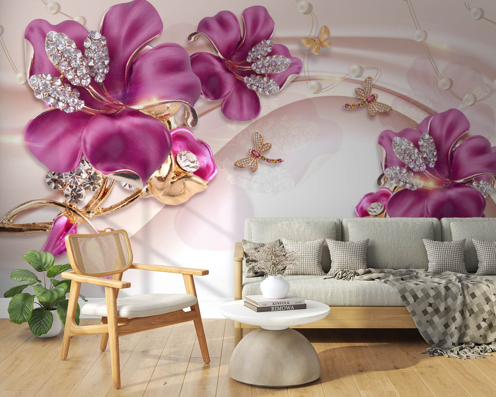 Papier peint les fleurs sont violettes avec un cœur pierreux